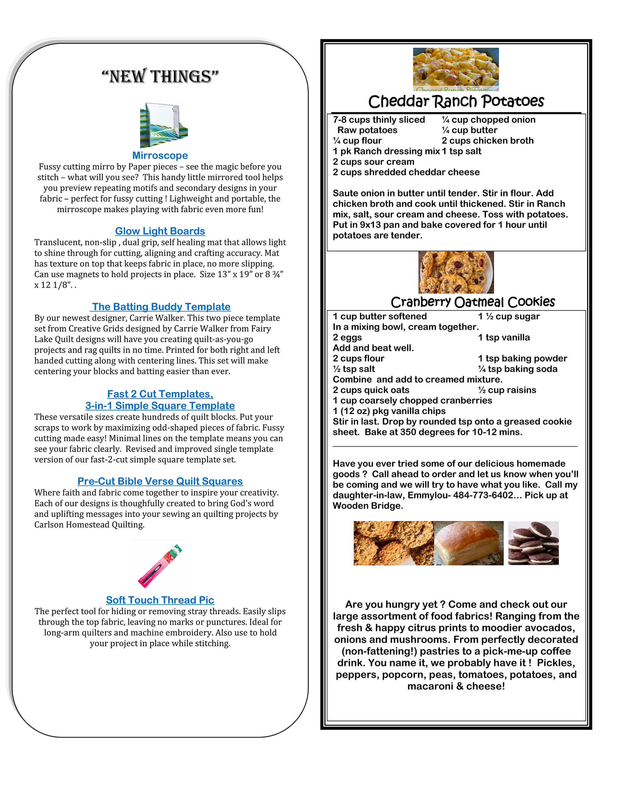 A flyer with sections on crafting tips (microscope, glow light boards, quilt templates) and recipes for cheddar ranch potatoes, cranberry oatmeal cookies, and hot southern thread pie.