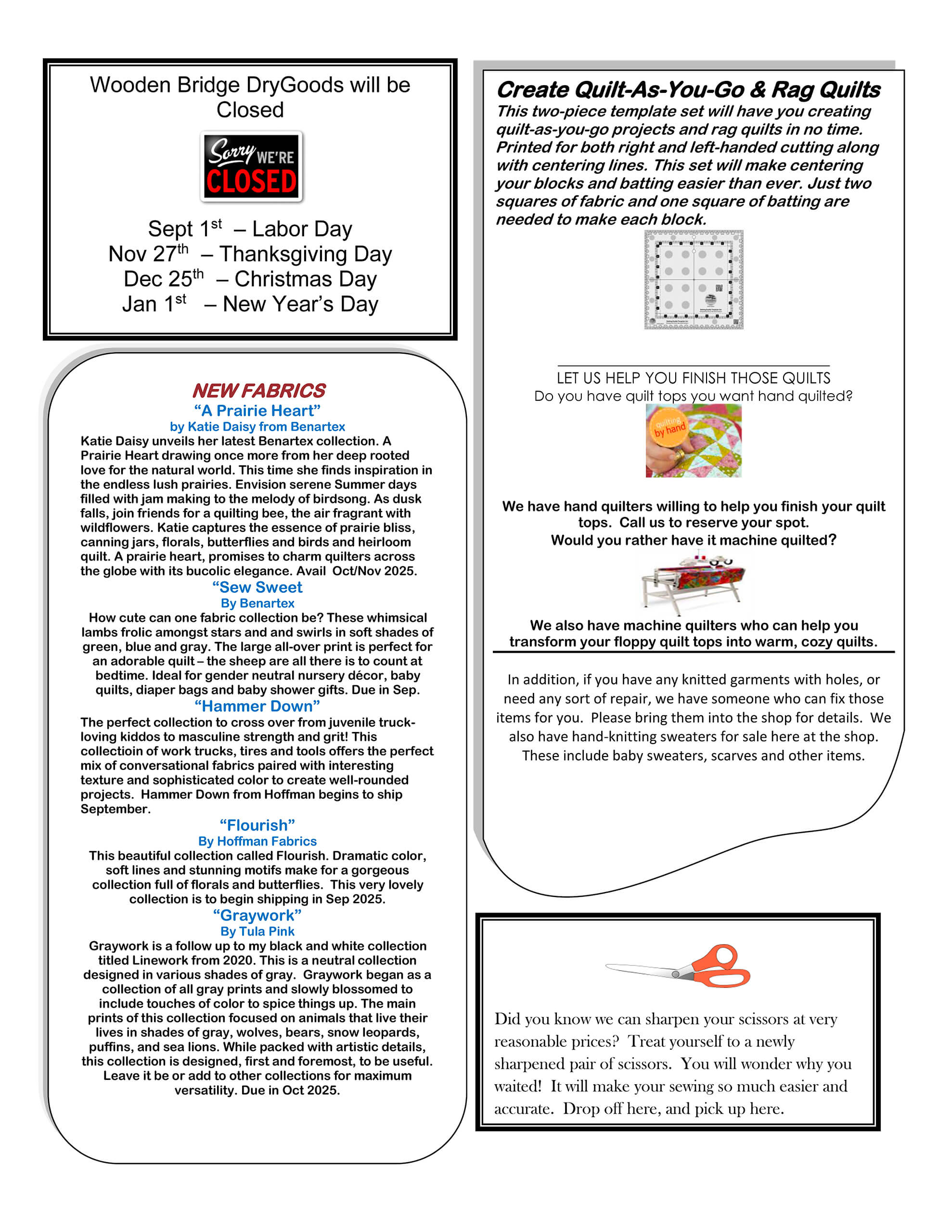 A newsletter page features store closure dates, new fabric arrivals, a scissor sharpening service, and a section on Rag Quilts with tips and an offer for quilting help.