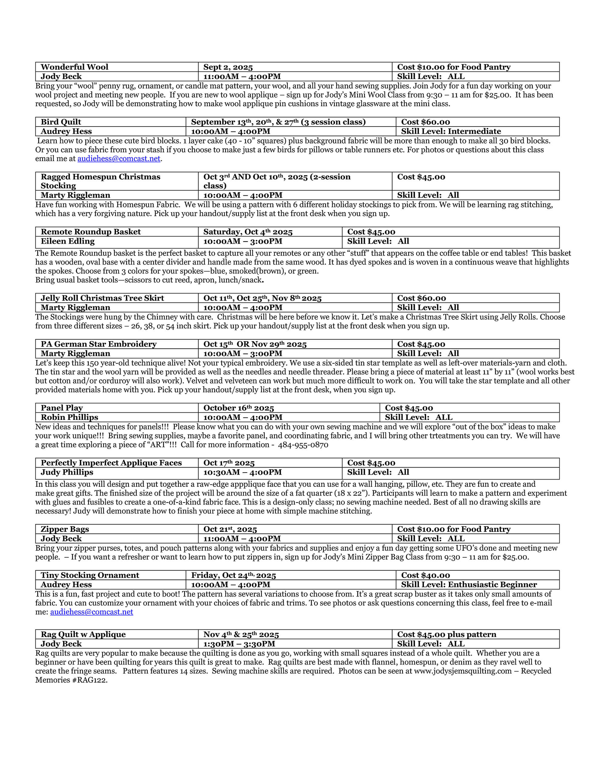 A printed schedule lists craft and quilting classes with dates, costs, and supplies at The Wooden Spool, including class titles and descriptions in a table format.
