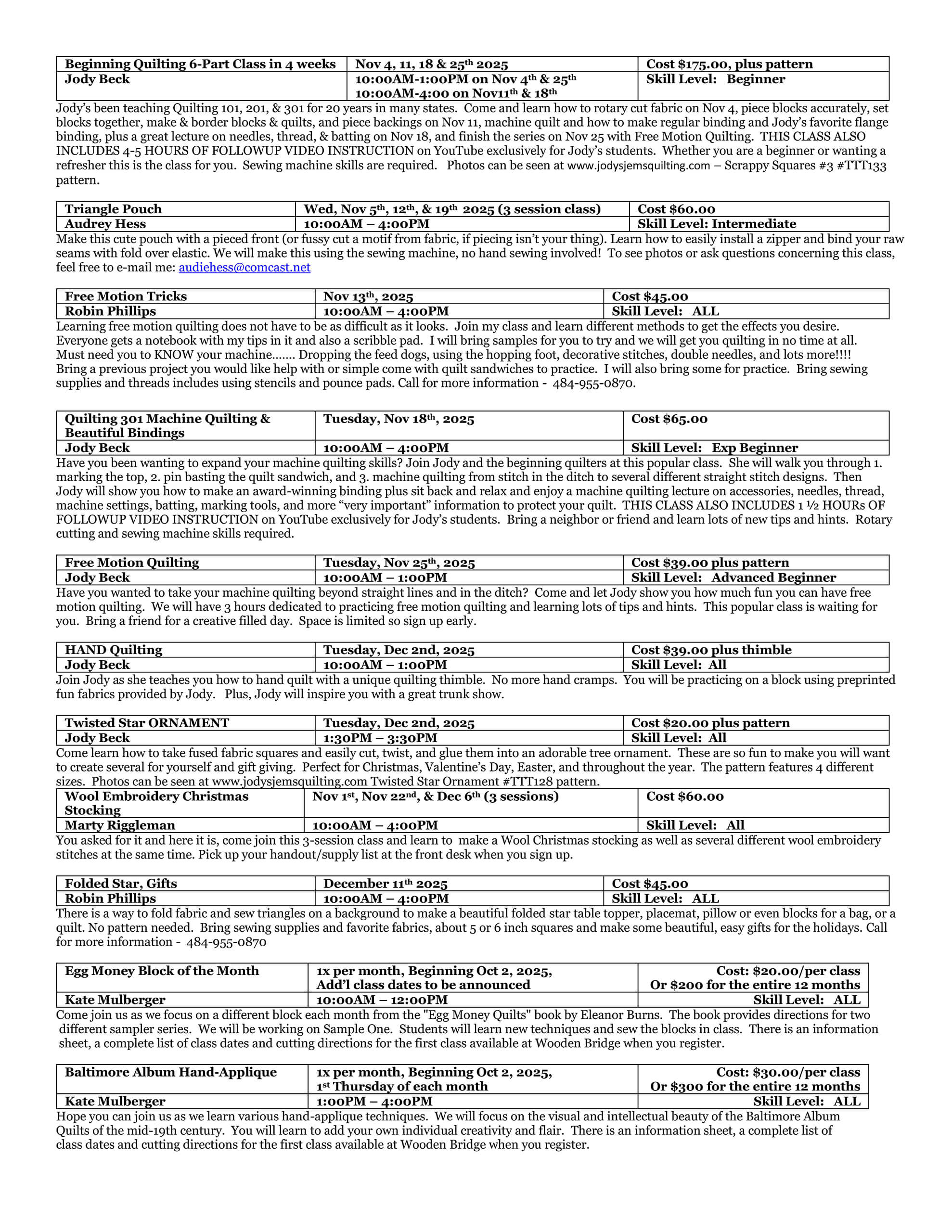 A schedule listing quilting and sewing classes with dates, times, costs, skill levels, instructor names, and brief class descriptions in a tabular format.