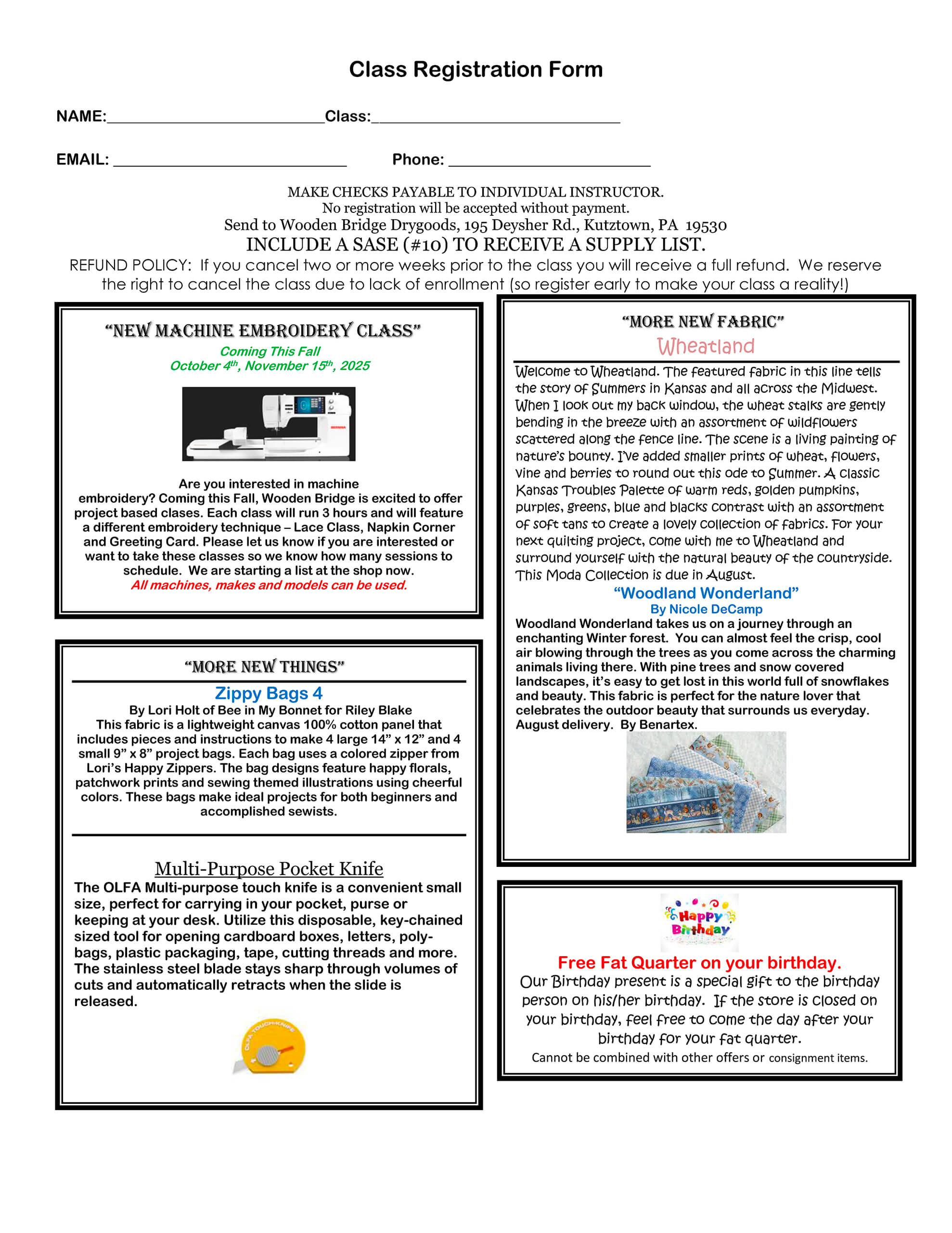 Class registration form with sections for contact information, details on embroidery, sewing, and woolwork classes, supply policies, and a birthday fabric offer.