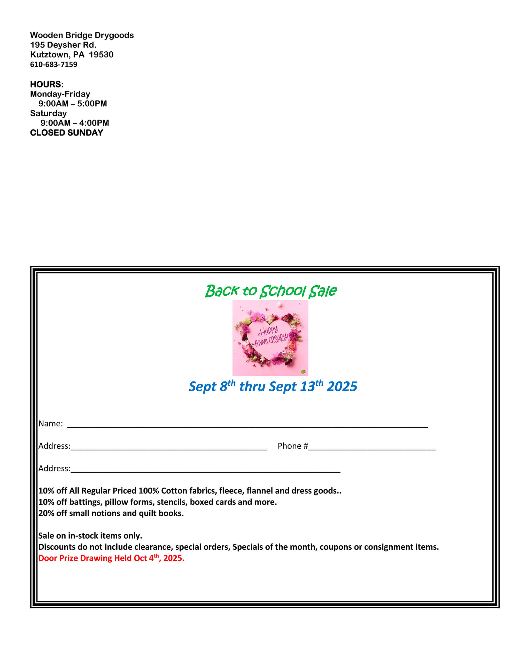 A flyer for Wooden Bridge Drygoods’ Back to School Sale, running September 8–13, 2025, featuring discounts on cotton fabrics and sewing supplies, store hours, and a drawing announcement.
