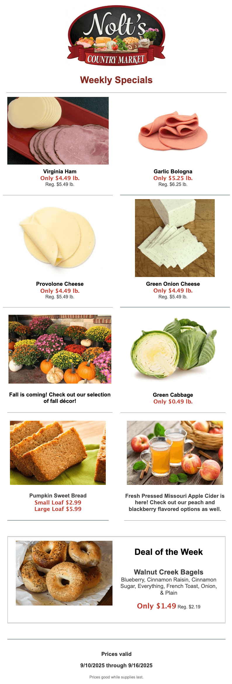 Weekly specials flyer from Nolt's Country Market features images and prices of meats, cheeses, produce, baked goods, cider, and bagels, with sale dates from 9/10/2025 to 9/16/2025.