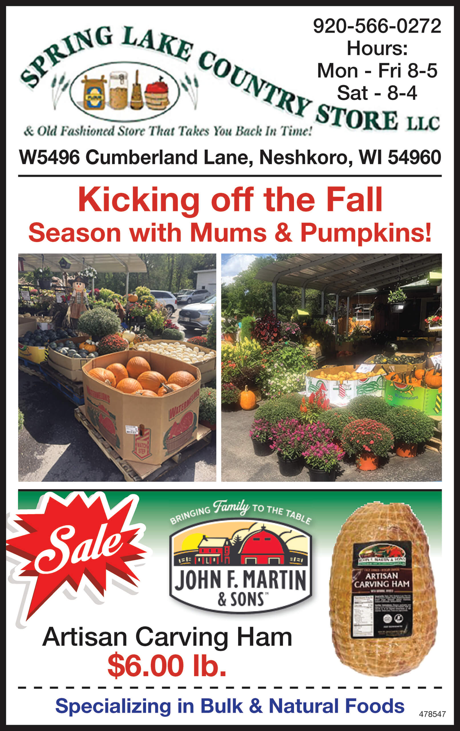 Spring Lake Country Store flyer advertising fall season with pumpkins and mums, a sale on artisan carving ham for $6.00/lb, store hours, and bulk food specials.