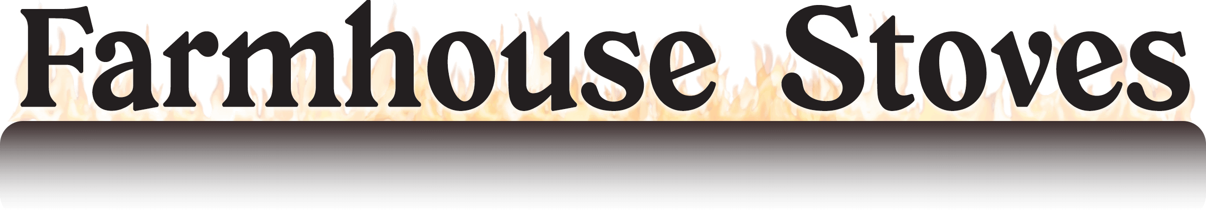 The words "Farmhouse Stoves" in bold black font with a background of stylized flames and a gradient shadow below.