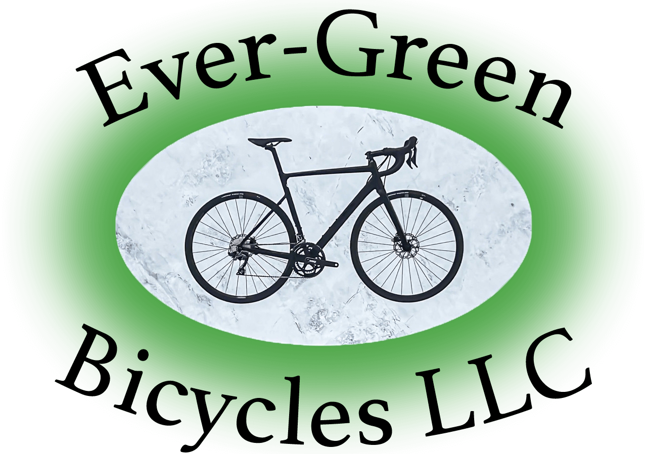 Logo for Ever-Green Bicycles LLC featuring a black road bike silhouette inside a green oval with the company name surrounding it.