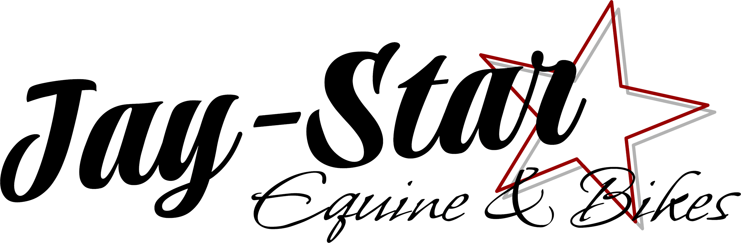 Jay-Star Equine & Bikes logo in black script with a red and black outlined star overlapping the word "Star.