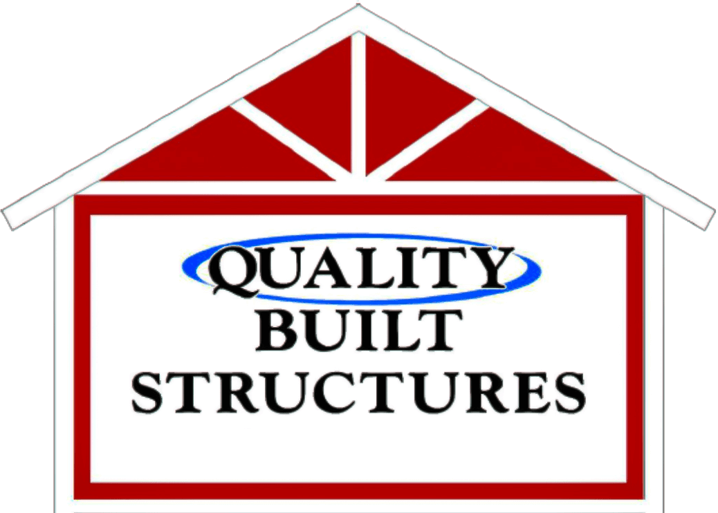 A red and white house-shaped sign with the words "Quality Built Structures," with "Quality" underlined by a blue oval.