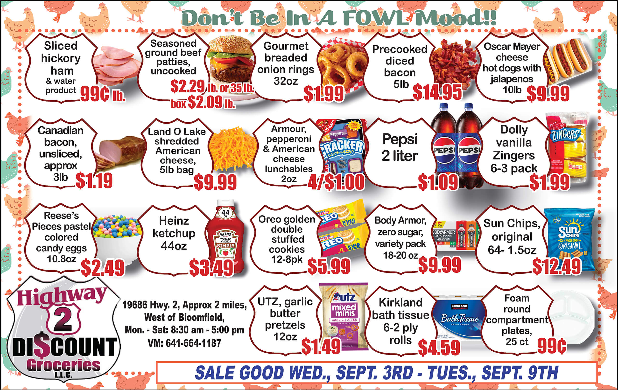 A grocery store flyer advertises various discounted food items, snacks, beverages, and meats with prices and product images on a colorful background.