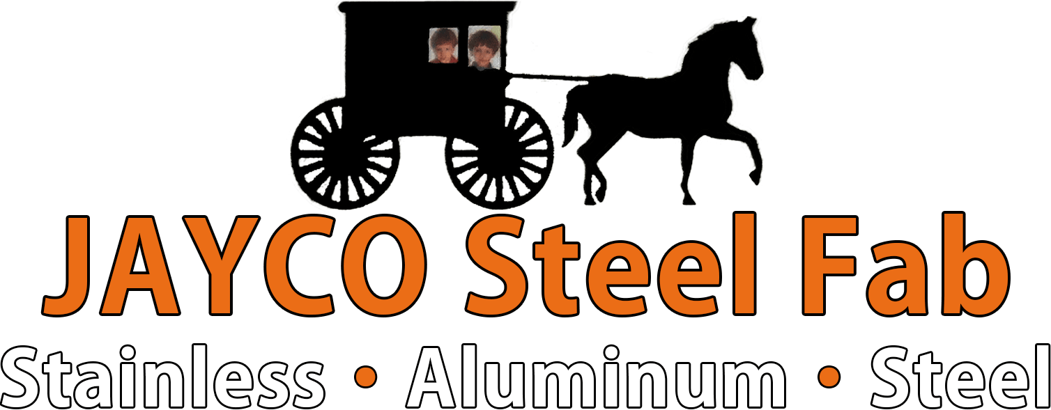 Jayco Steel Fab Fort Plain NY Silhouette of a horse-drawn carriage with two people inside above the text "JAYCO Steel Fab Stainless • Aluminum • Steel" in orange and black lettering.