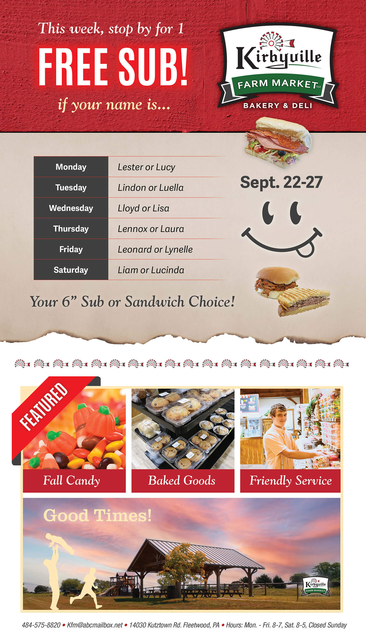 Promotional flyer for Kirbyville Farm Market offering a free 6