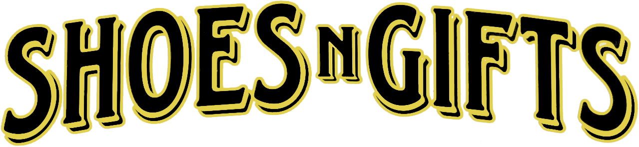 Shoes N Gifts Drumore PA Text logo reads "SHOES N GIFTS" in bold black letters with a yellow outline on a transparent background.