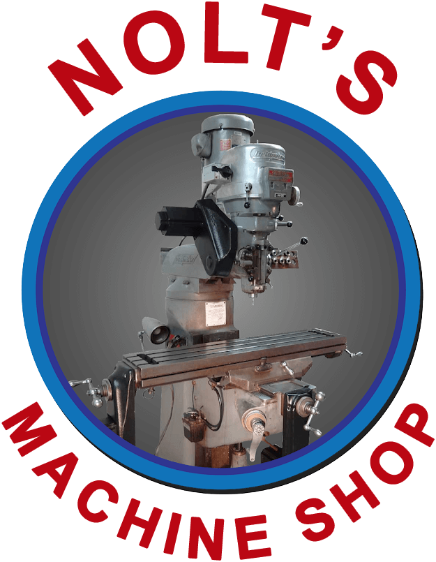 A milling machine inside a circular logo with the text "NOLT'S MACHINE SHOP" in red capital letters around the image.