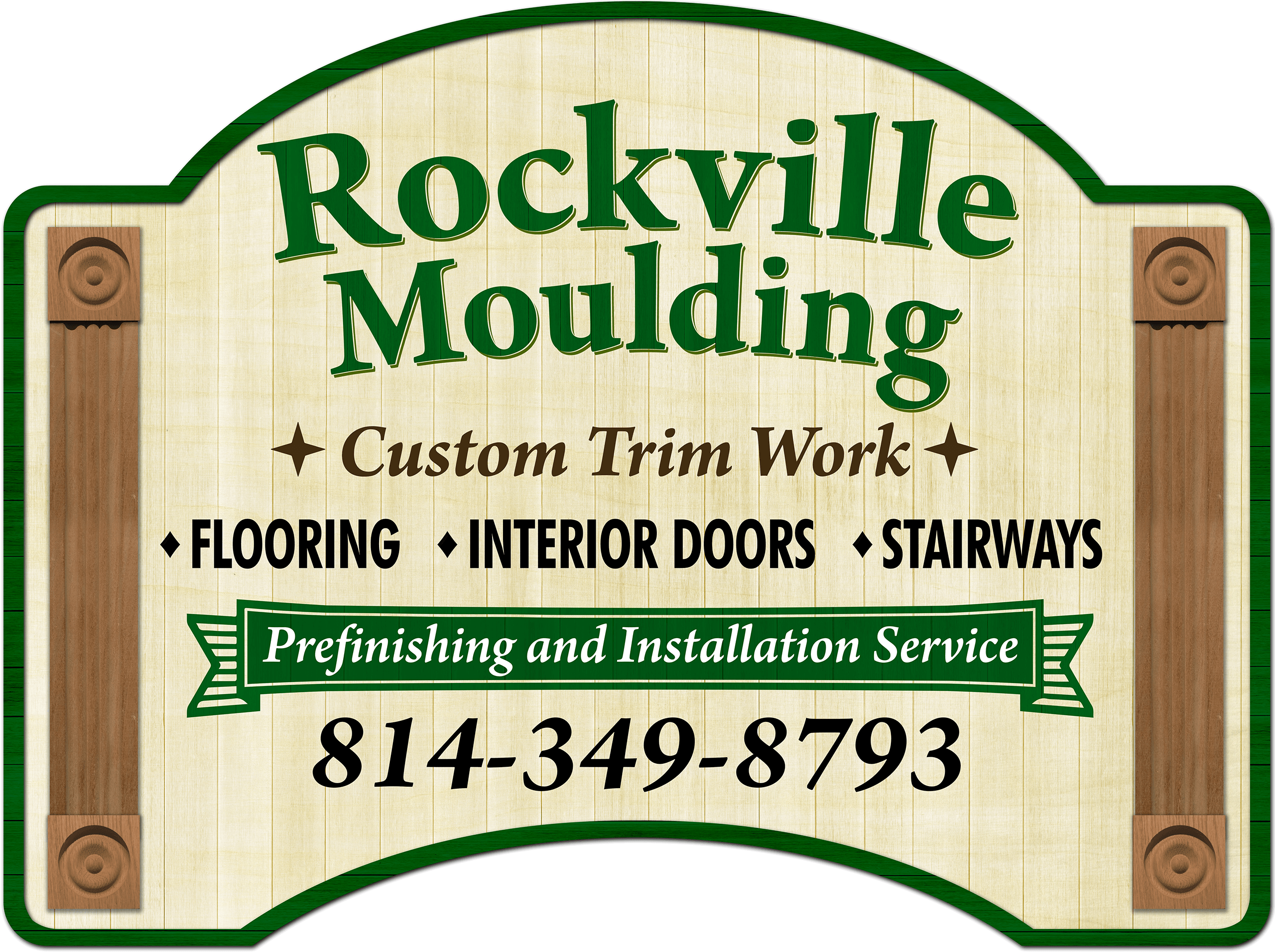 Rockville Moulding Rebersburg PA A wooden sign reads: "Rockville Moulding, Custom Trim Work, Flooring, Interior Doors, Stairways, Prefinishing and Installation Service, 814-349-8793.