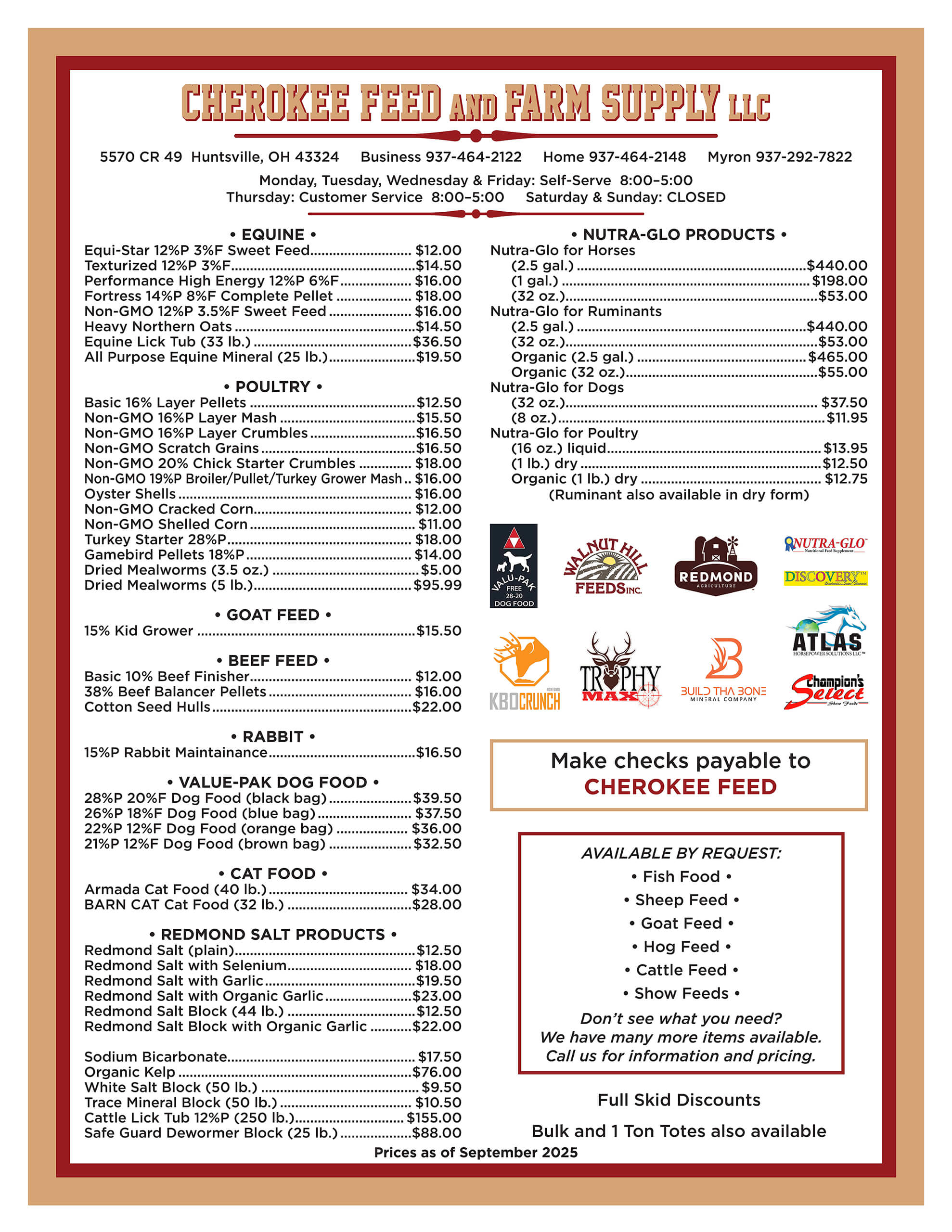 9.24.25 Cherokee Feed & Farm Supply Price List Page 1 Price list for Cherokee Feed and Farm Supply LLC, displaying various feed and farm products, brands, and prices effective as of September 2023, with store hours and contact details.