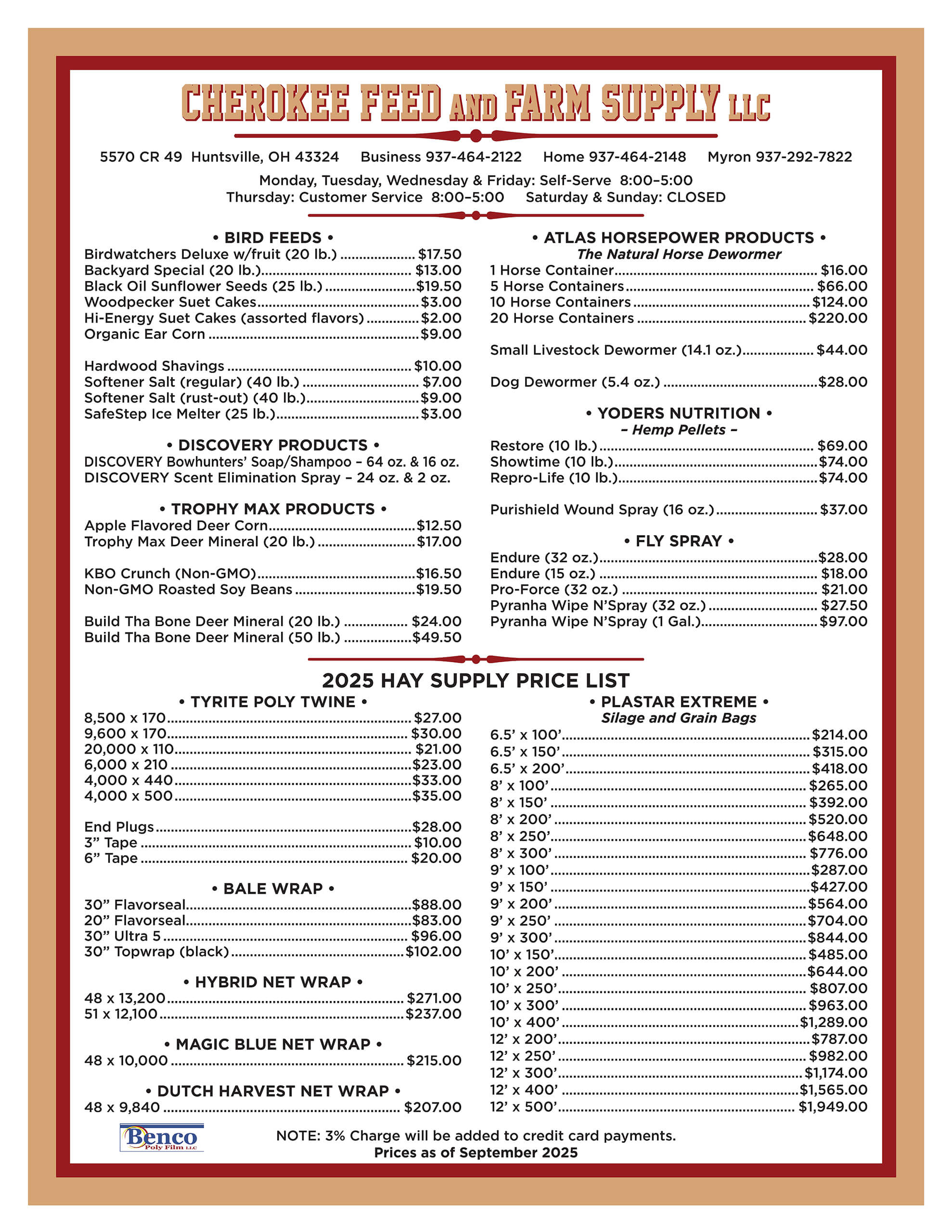 9.24.25 Cherokee Feed & Farm Supply Price List Page 2 Price list for Cherokee Feed and Farm Supply LLC, showing costs for bird feeds, livestock supplies, hay, horse products, dog food, and other farm-related products as of September 2023.