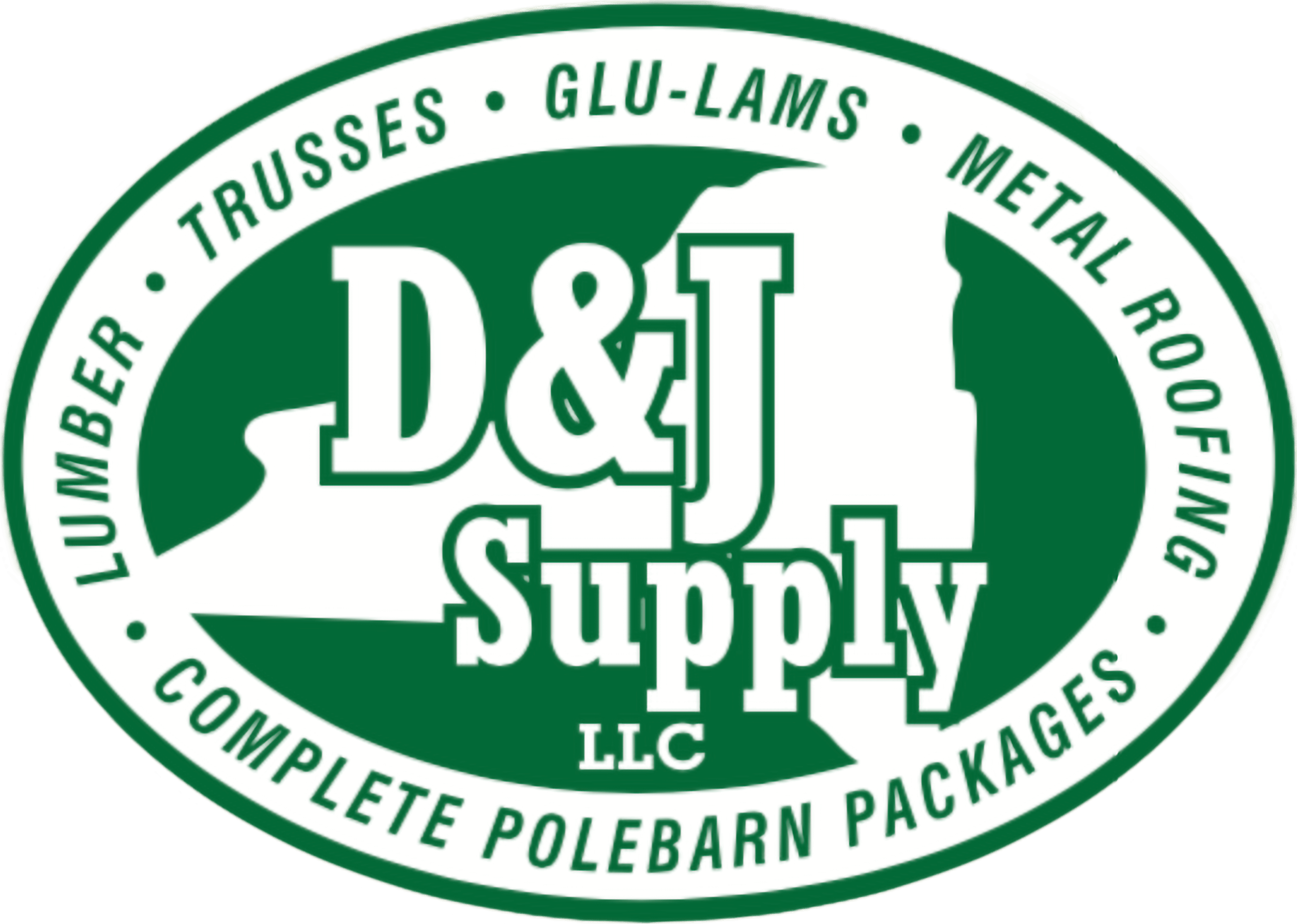 Green and white oval logo for D&J Supply LLC, featuring a map outline and text listing lumber, trusses, glu-lams, metal roofing, and complete pole barn packages.