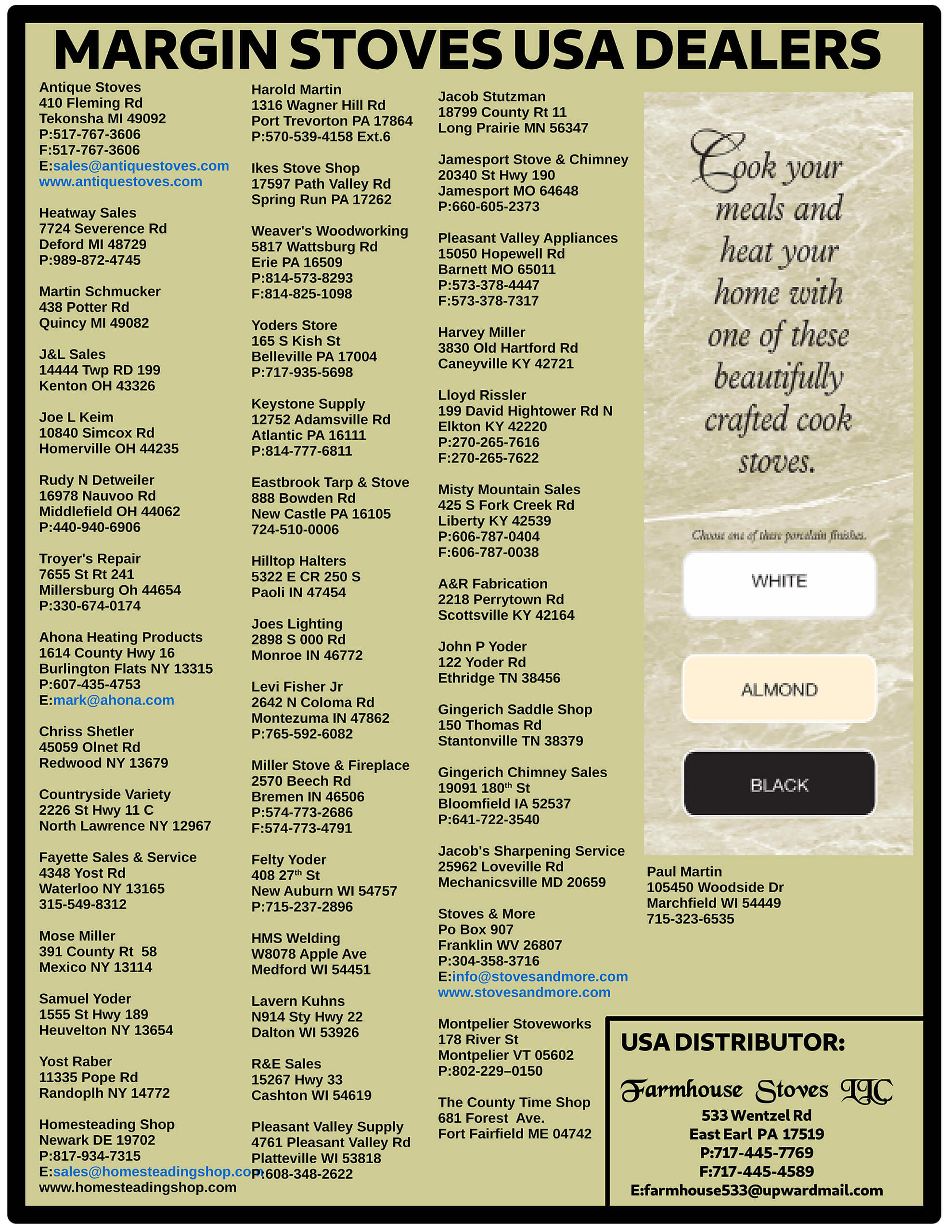 Margin Stoves USA dealer contact list by state, with a cook stove color options box and Farmhouse Stoves LLC distributor info on the right.