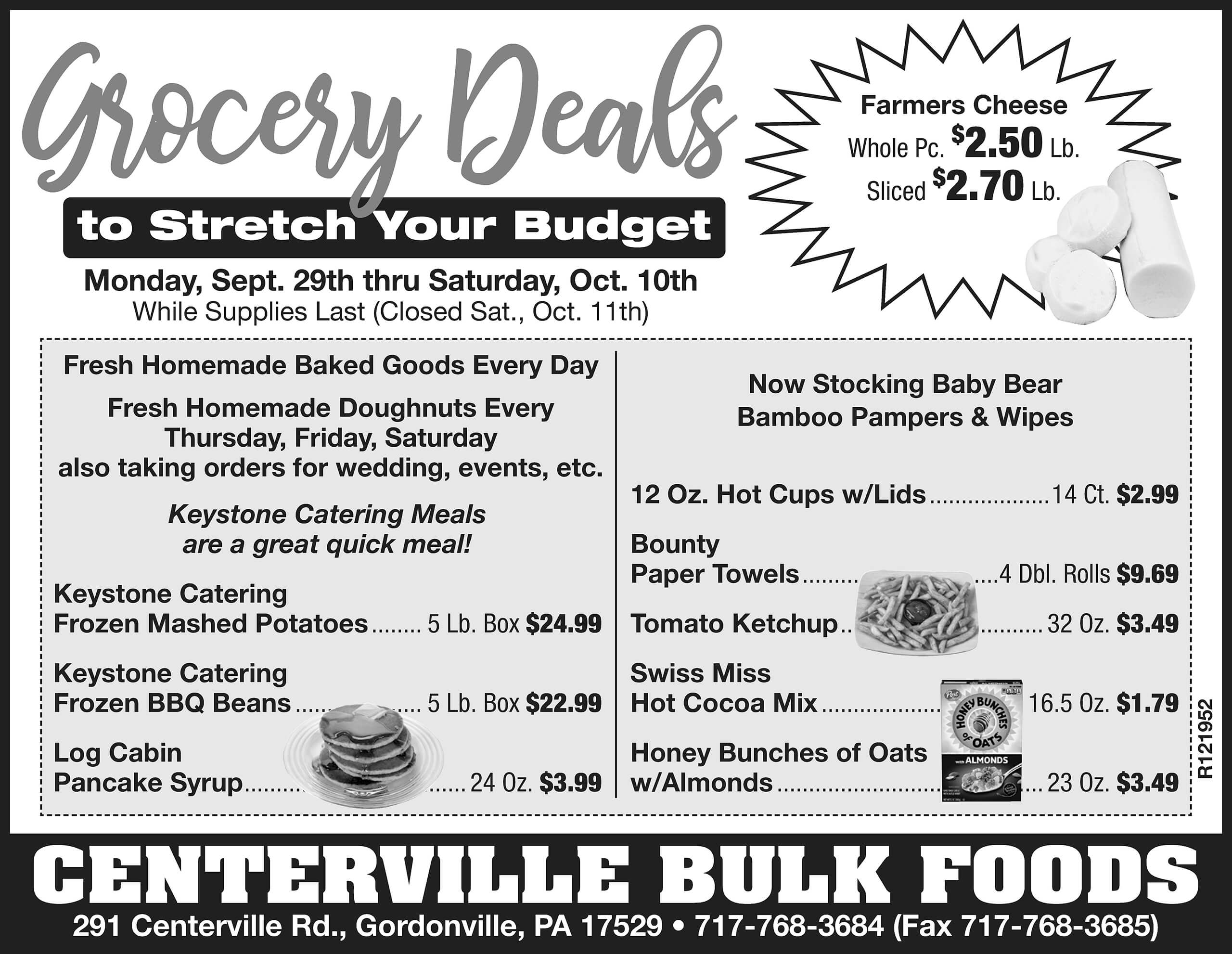Black and white grocery store flyer listing various food deals, prices, and dates, with a bold header “Grocery Deals to Stretch Your Budget” and store contact details at the bottom.