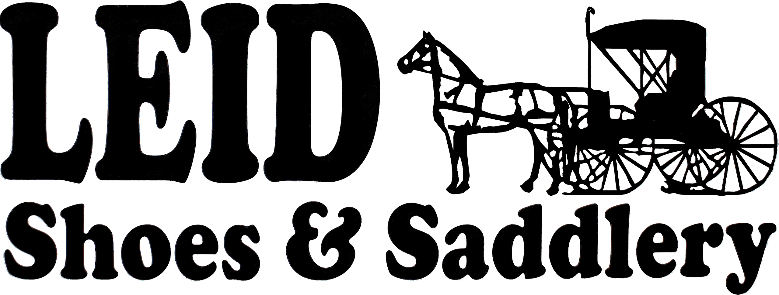 Black text reads "LEID Shoes & Saddlery" next to a silhouette of a horse pulling a buggy on a white background.