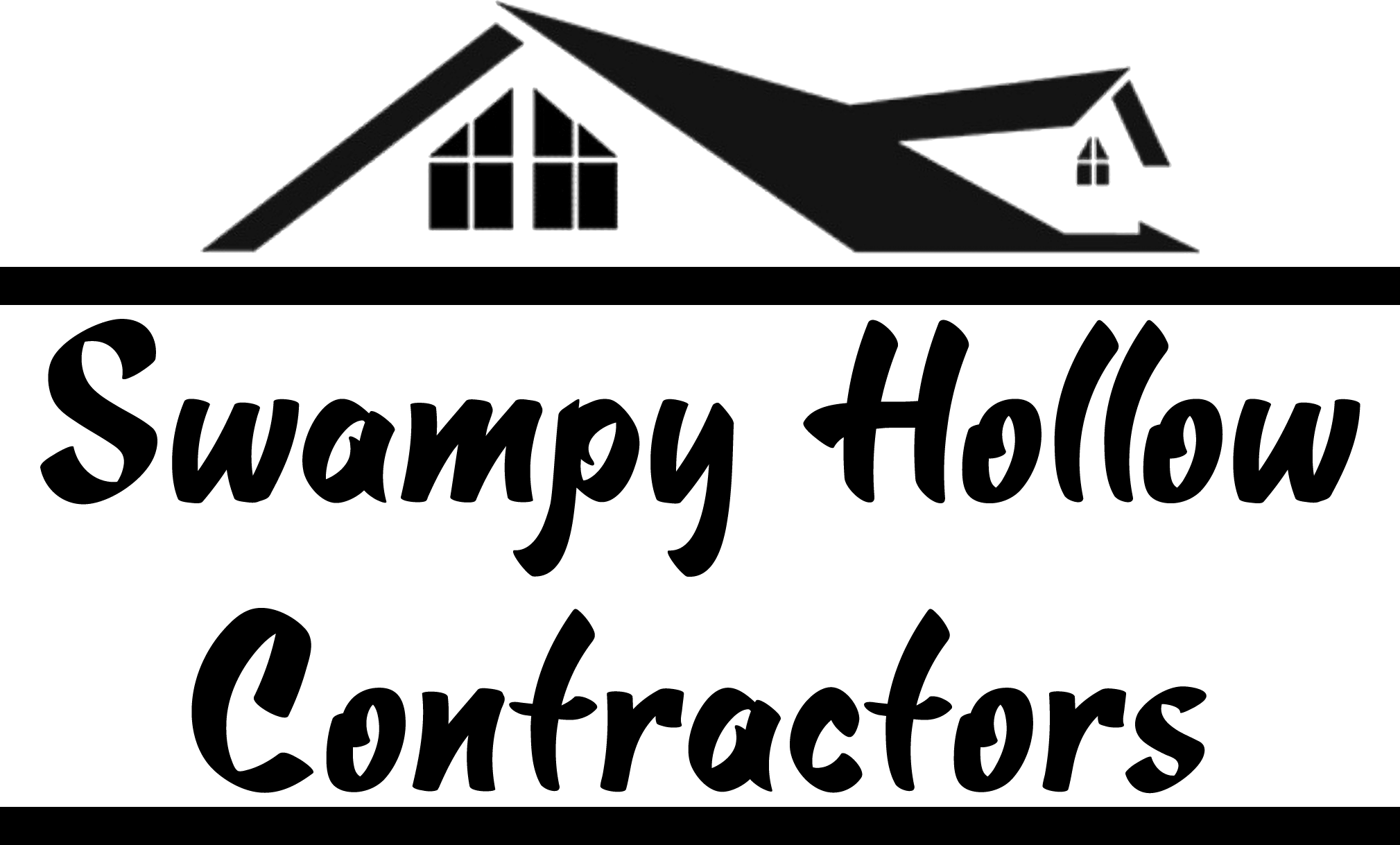 Swampy Hollow Contractors Oxford, PA Black and white logo featuring a stylized roof with windows above the text “Swampy Hollow Contractors” in bold, cursive lettering.