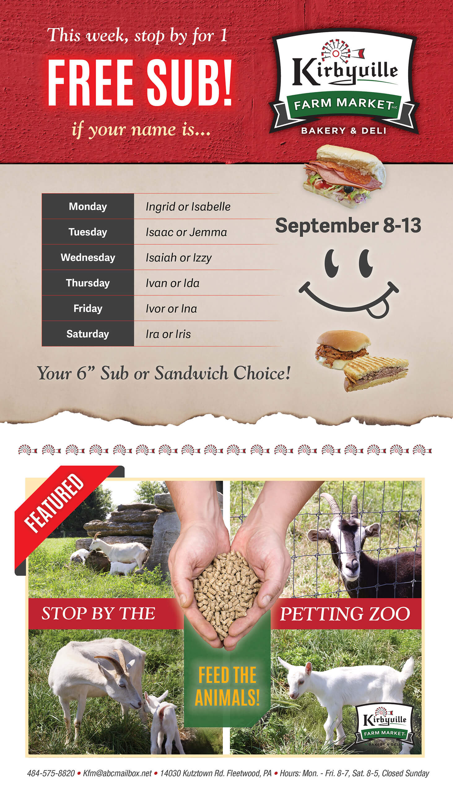 Promotional flyer for Kirbyville Farm Market offers a free sub if your name matches the daily list, and advertises a petting zoo where visitors can feed animals, from September 8-13.