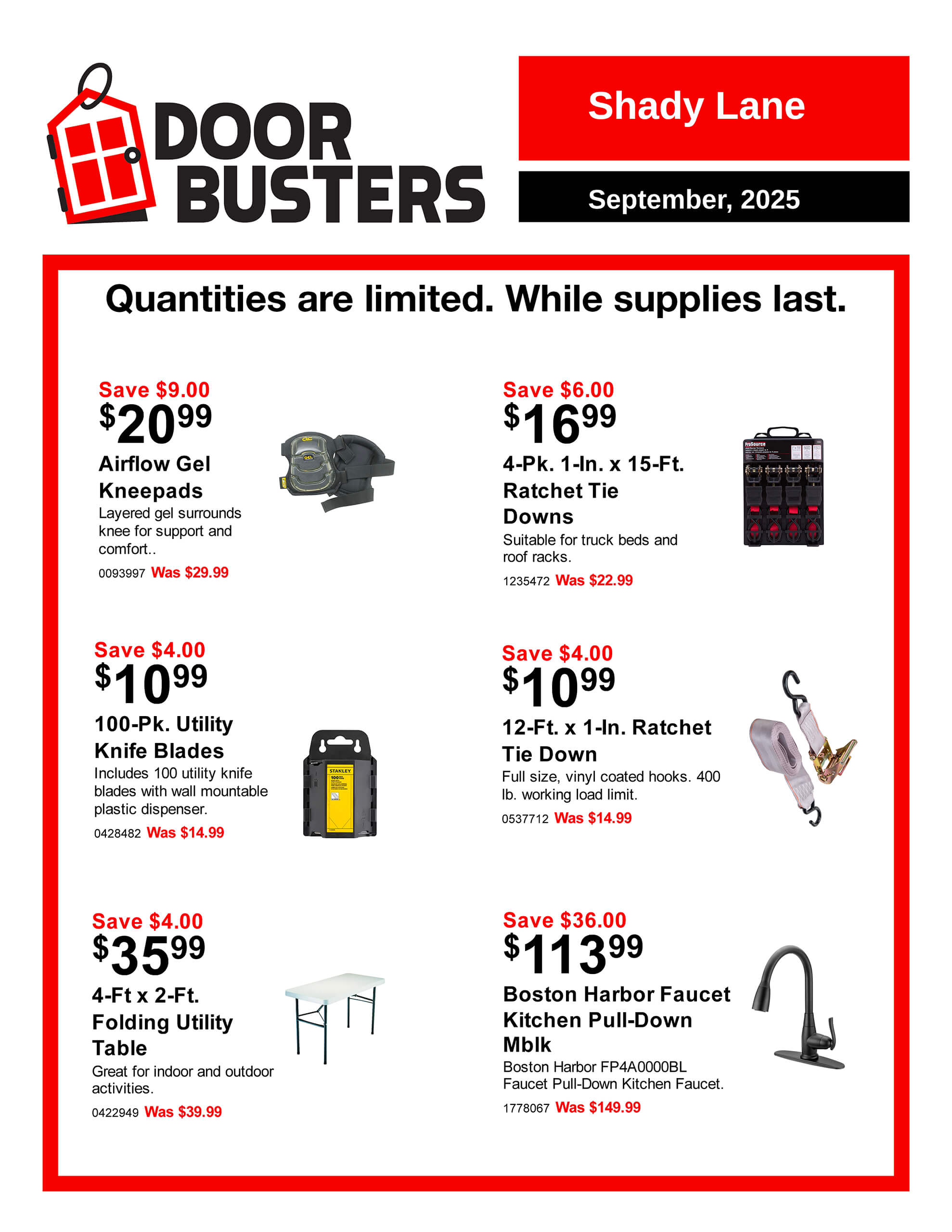 A sales flyer for Shady Lane Door Busters, September 2025, featuring discounted tools and hardware items with images, prices, and savings listed for each product.