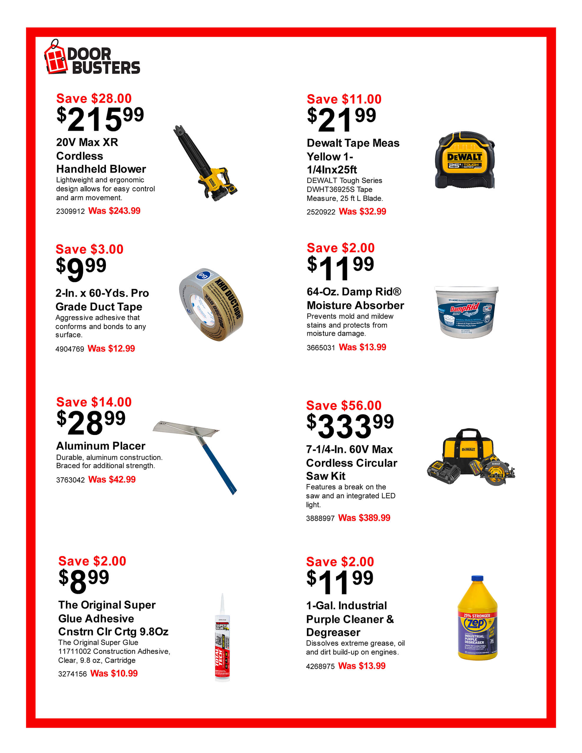 Sales flyer featuring images and discounted prices of various tools and cleaning products, including a handheld blower, tape measure, rake, moisture absorber, placer, chainsaw, and cleaners.