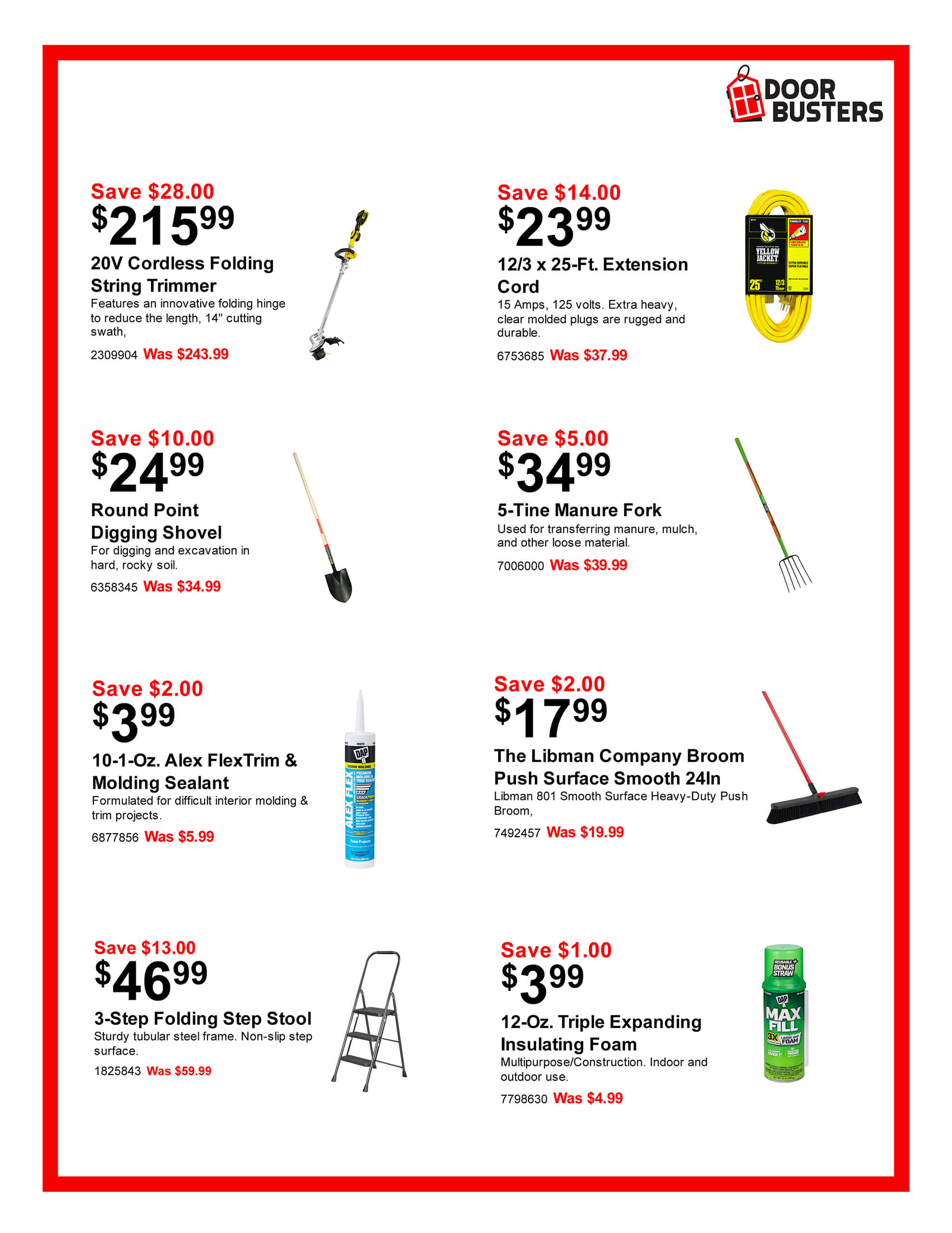 A Door Busters store flyer featuring discounted prices on tools and supplies, including a trimmer, extension cord, shovels, sealant, broom, step stool, and insulation foam.