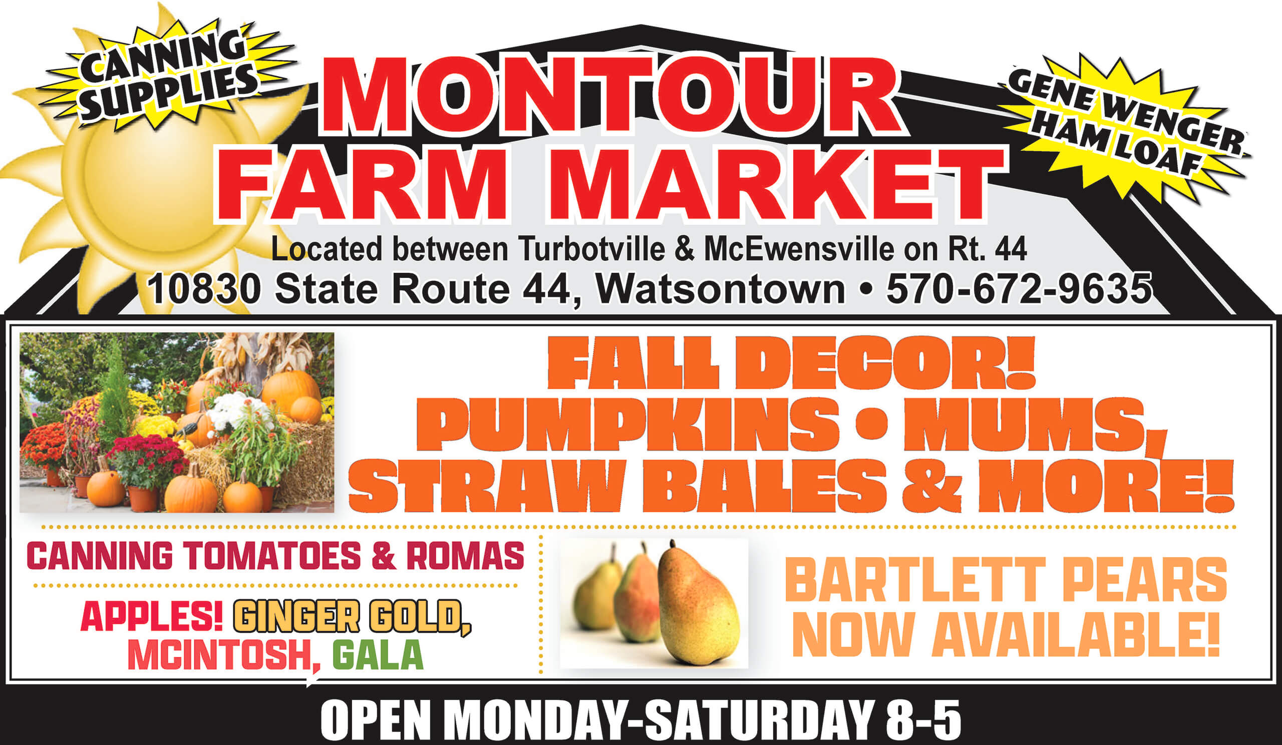 Farm market advertisement featuring store hours, location, seasonal produce like pumpkins and apples, canning supplies, and a notice that Bartlett pears are now available.