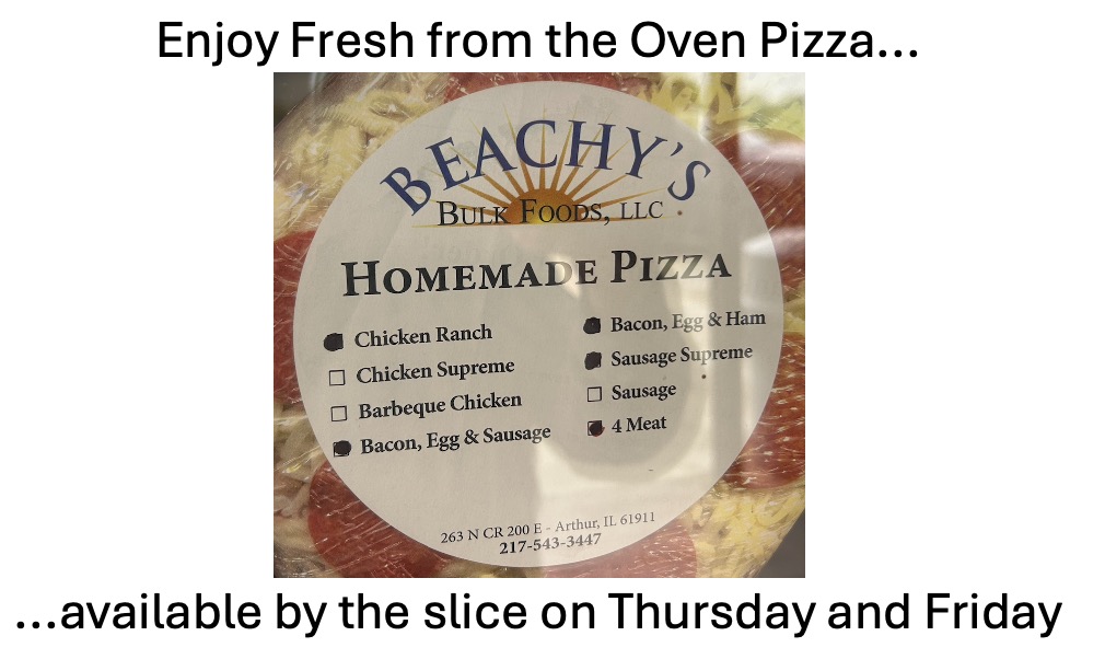 Label on a packaged homemade pizza lists available flavors and contact information for Beachy's Bulk Foods, LLC; text above and below advertises pizza by the slice on Thursday and Friday.