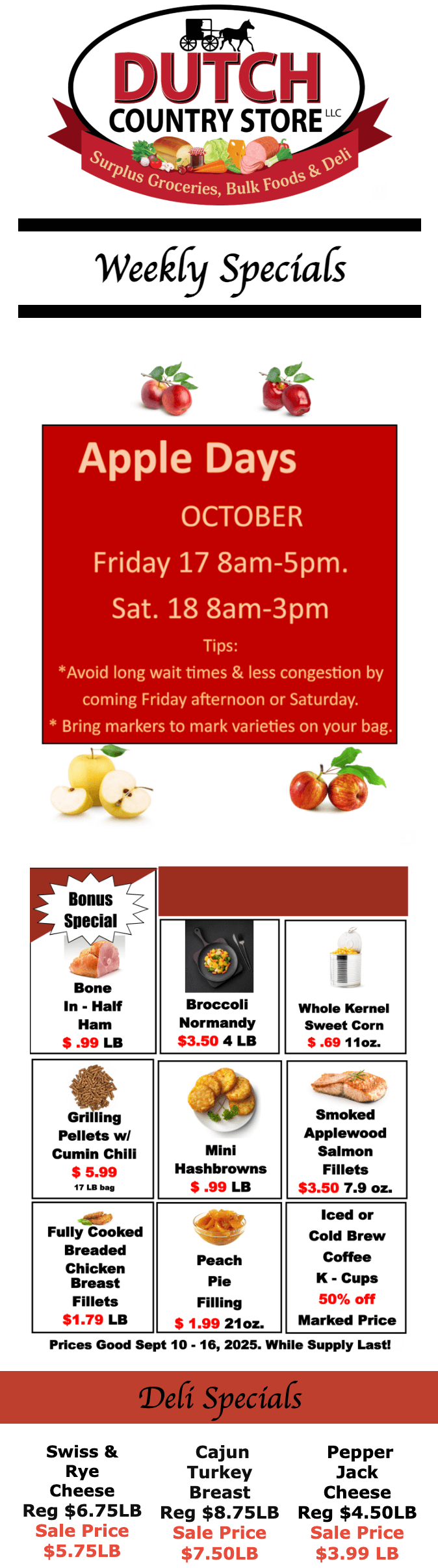Flyer for Dutch Country Store’s Apple Days event, October 17-18, listing weekly and deli specials such as apples, meats, cheeses, and other groceries.