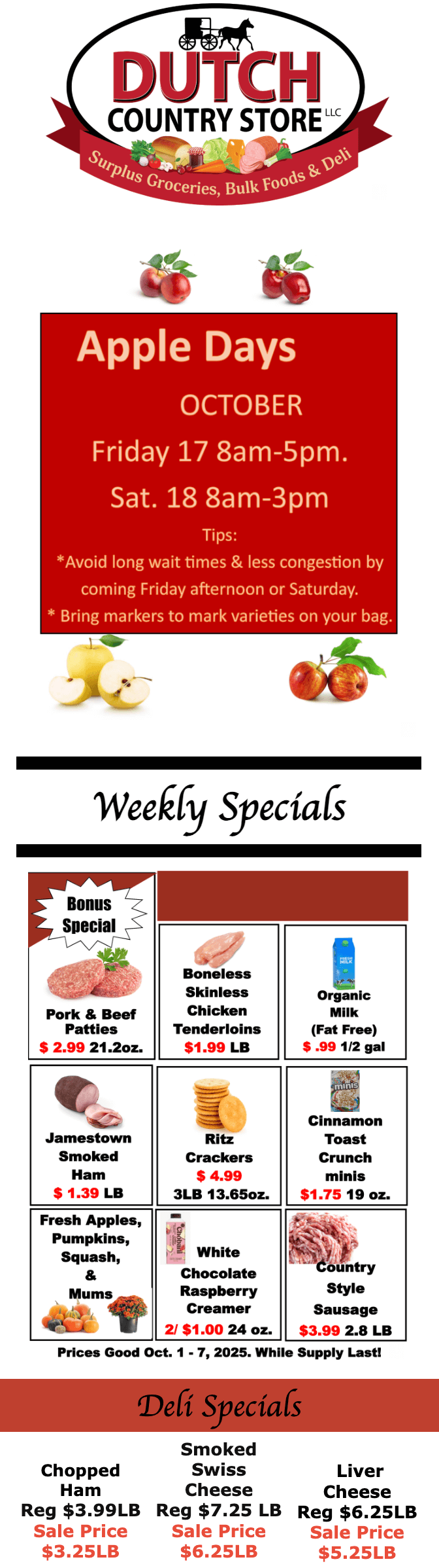 Dutch Country Store flyer advertises Apple Days event dates, weekly grocery specials, and deli specials with listed prices and product images.