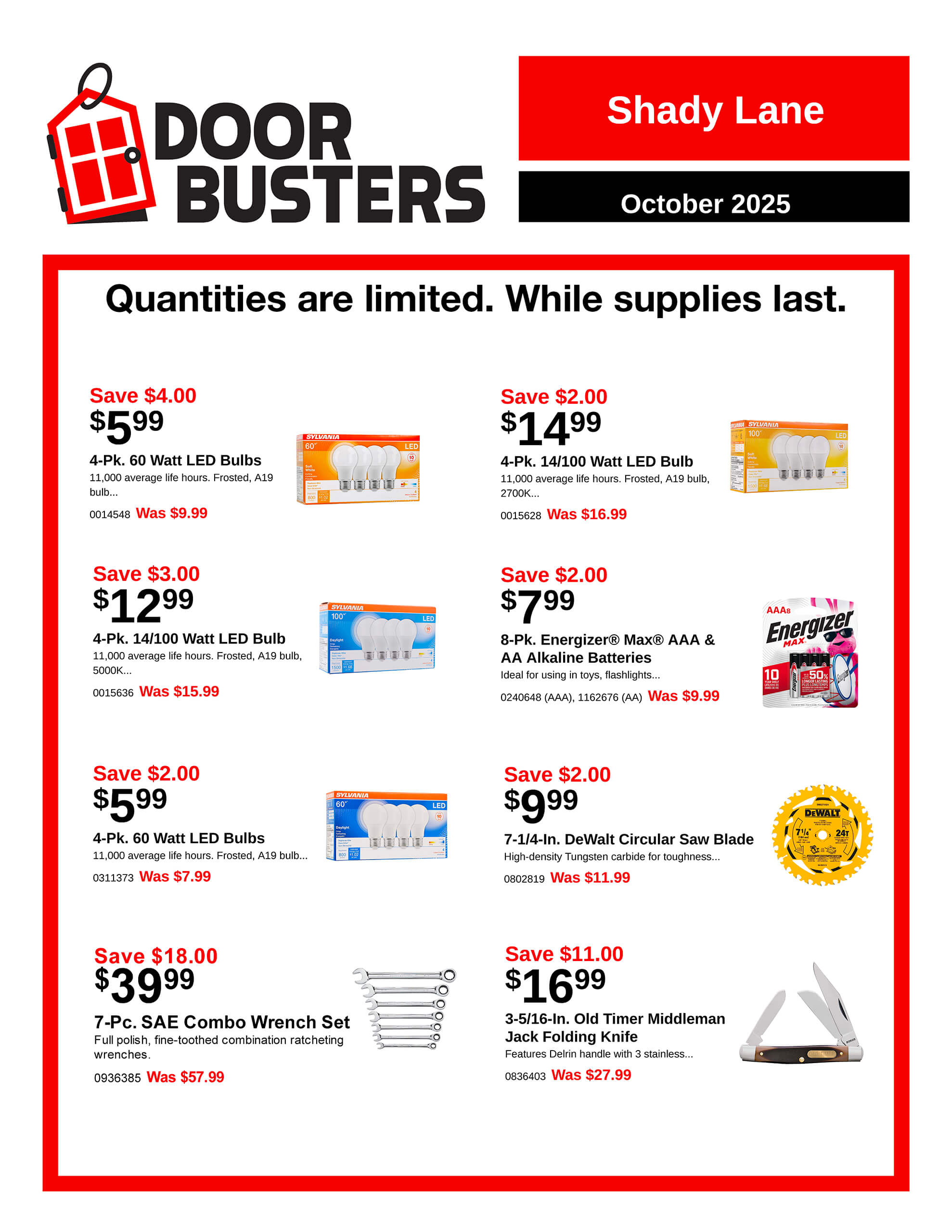 Sales flyer for Shady Lane Door Busters, October 2025, advertising discounted items like LED bulbs, batteries, a saw blade, wrench set, and pocket knife. Supplies are limited.