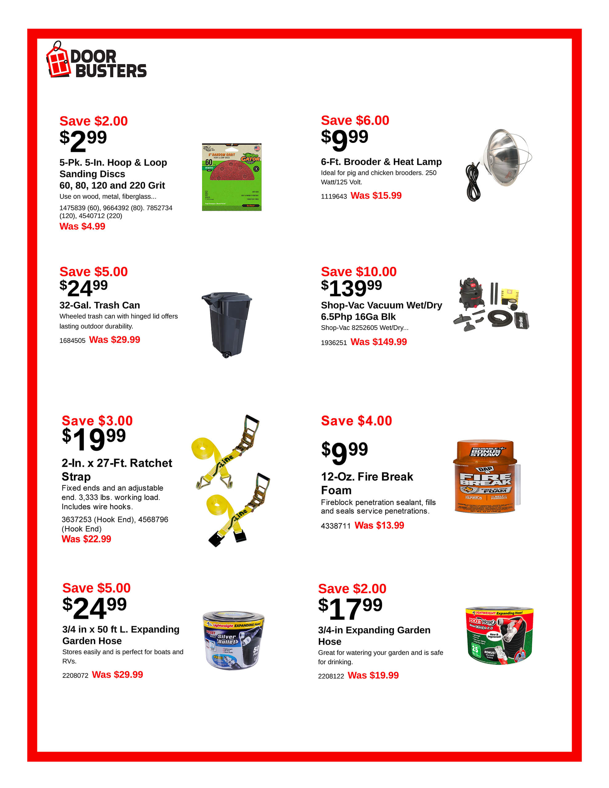 A flyer displays nine discounted hardware and cleaning products with images, prices, savings in red, and brief descriptions, under the 