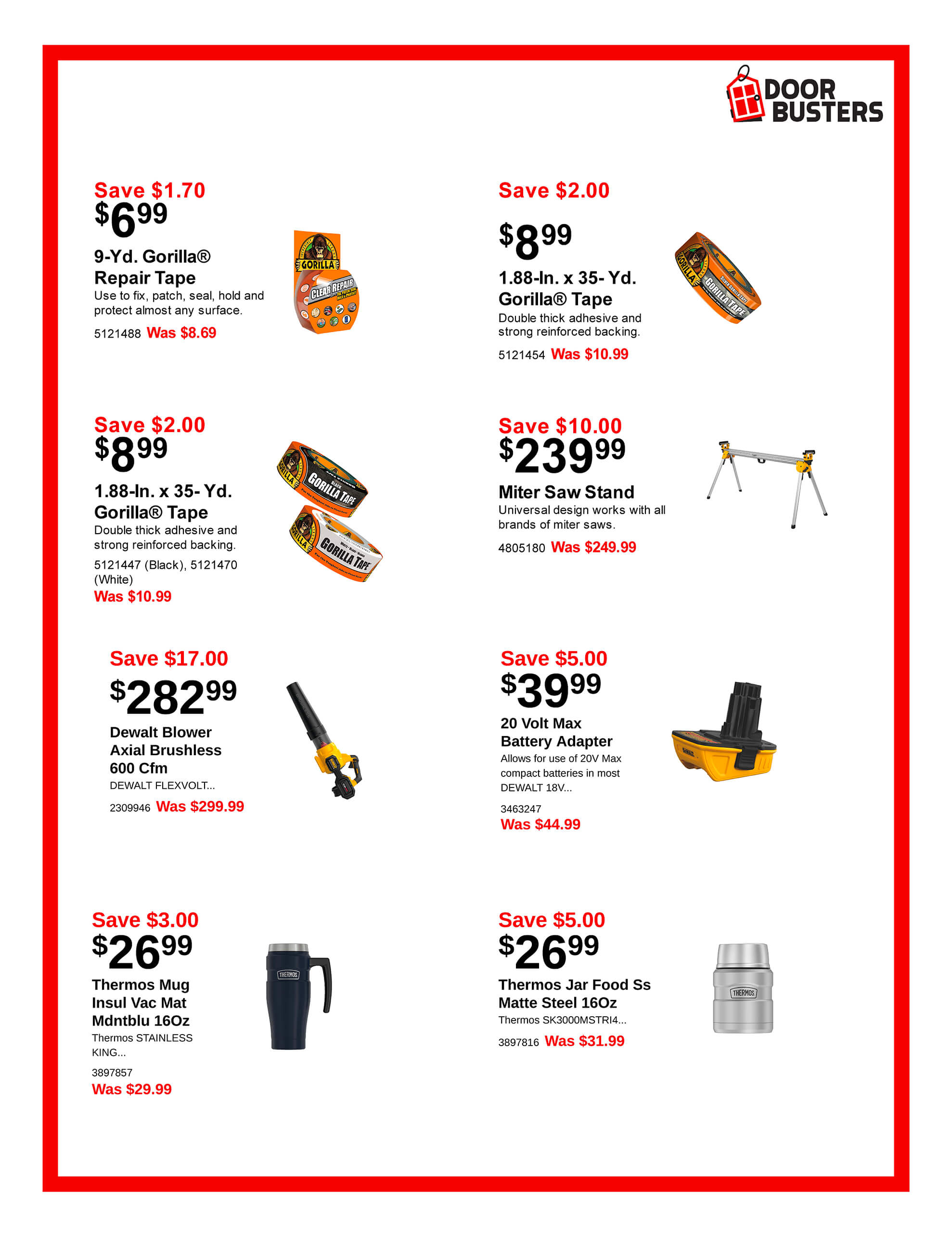 Promotional flyer displaying various discounted tools and products, including repair tape, a miter saw stand, a blower, a battery pack, and insulated mugs, with prices and savings highlighted.