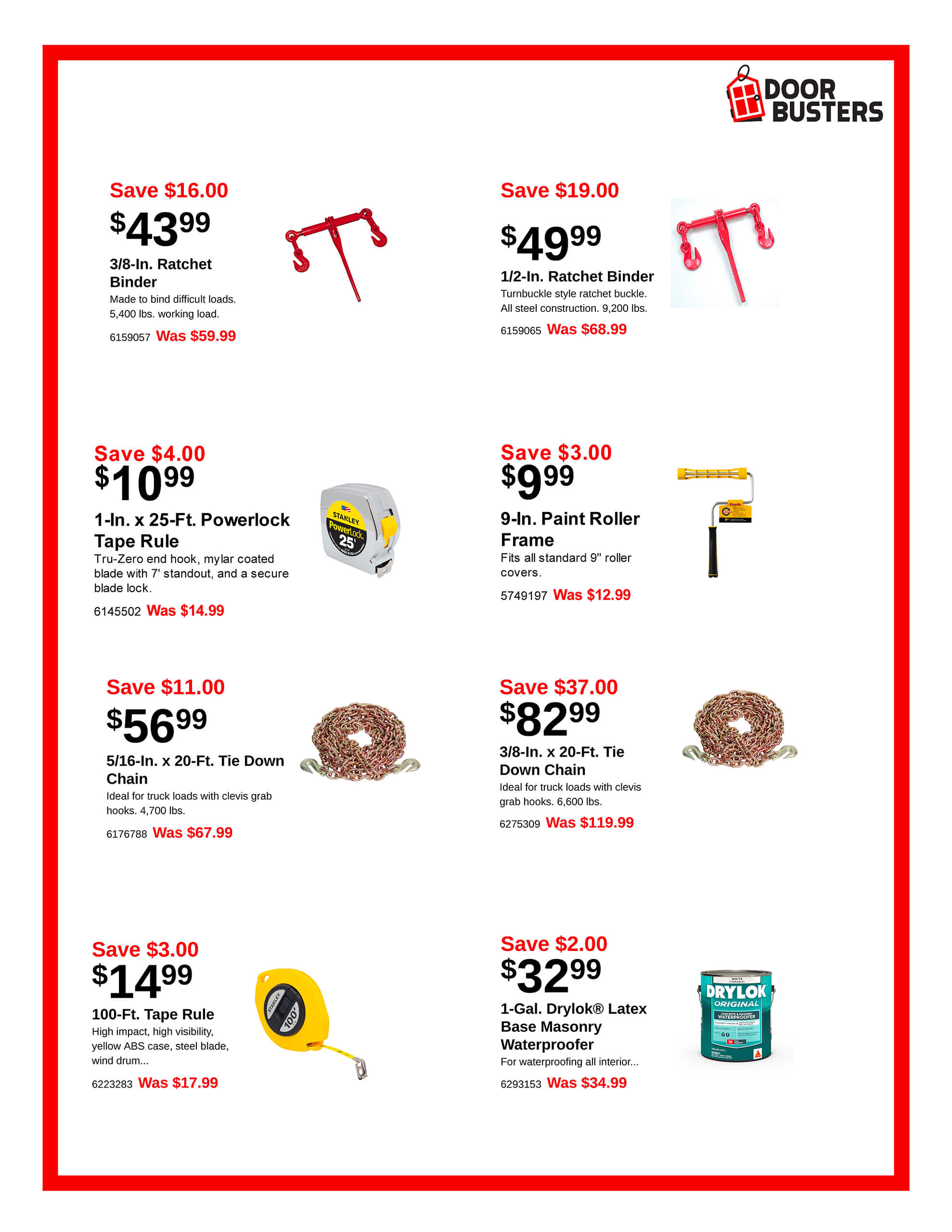 A sales flyer displays discounted hardware tools and supplies, including ratchet binders, tape rules, a paint roller frame, tie down chains, rope, and masonry waterproofer.