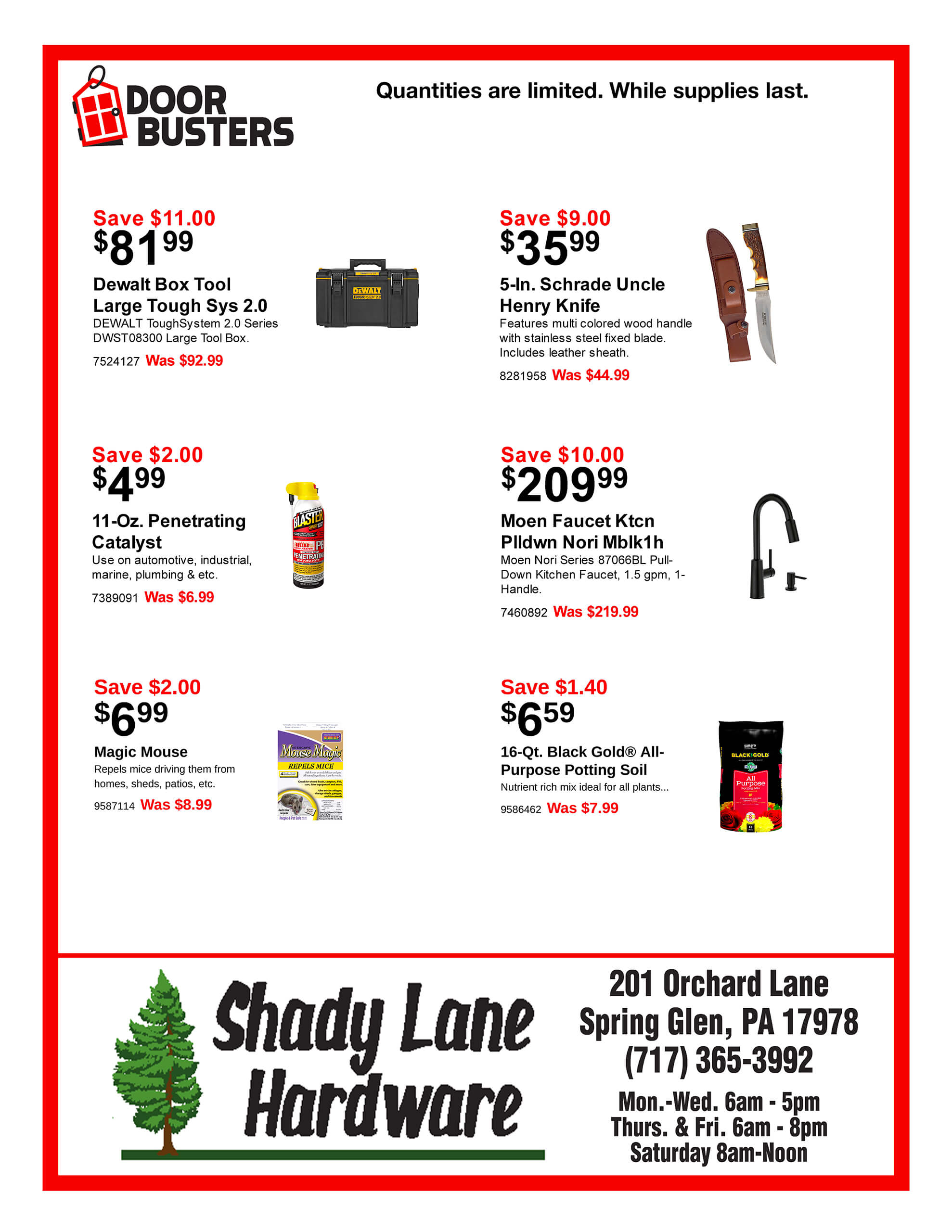 Hardware store flyer displaying discounted items including a tool box, utility knife, penetrating oil, kitchen faucet, magic mops, and black gold toilet paper, with store details at the bottom.