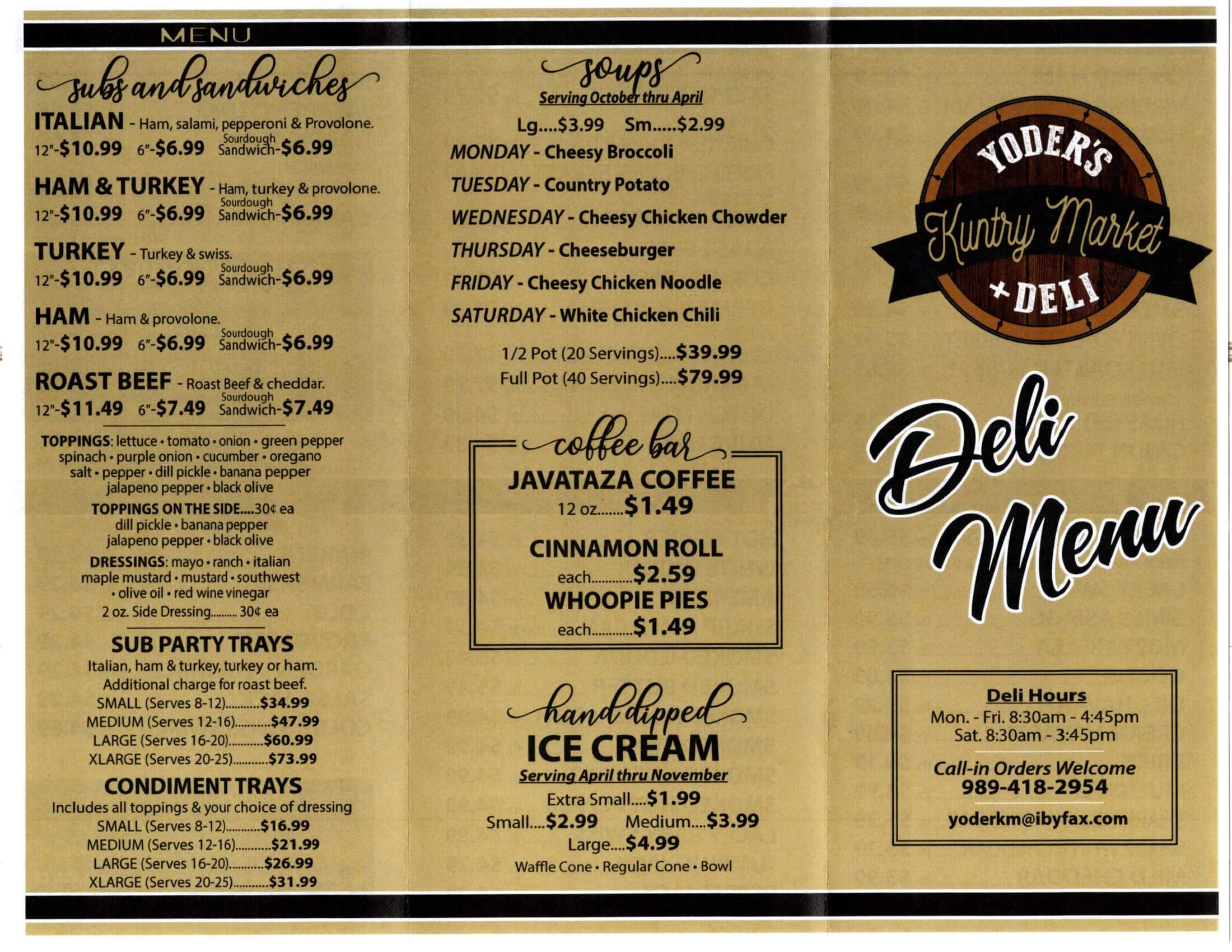 Yoder's Country Market & Deli menu featuring subs, sandwiches, soups, party trays, ice cream, and coffee, with prices and weekly specials listed. Deli hours and contact info provided.