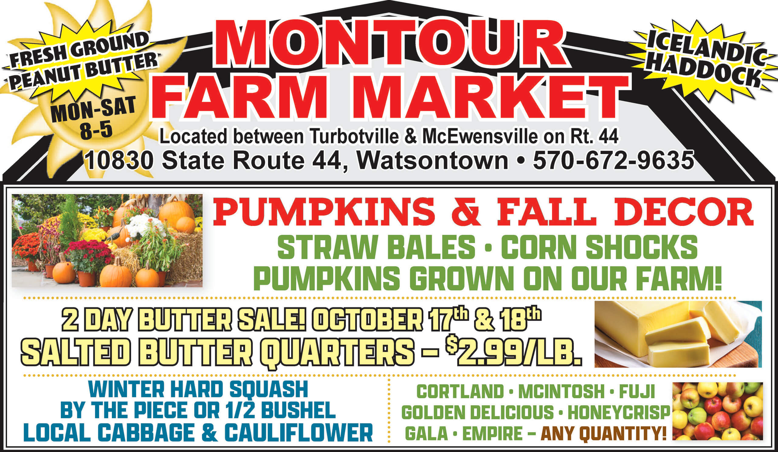 Montour Farm Market sign advertising pumpkins, fall decor, butter sales, winter squash, apples, local produce, peanut butter, and Icelandic haddock, with contact details and hours.