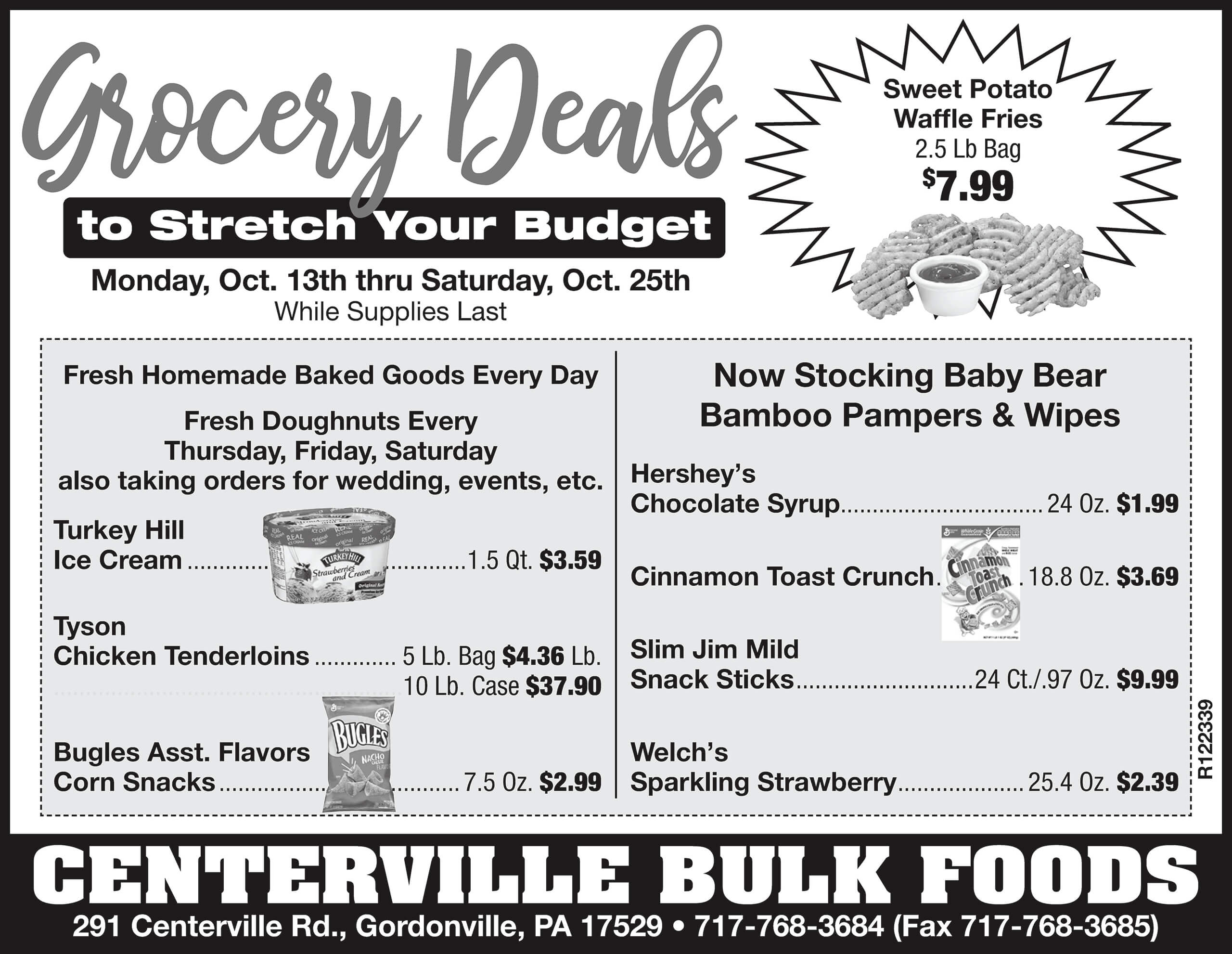 Black and white grocery store ad listing deals on baked goods, frozen items, snacks, syrups, and more, with prices and store information at the bottom.