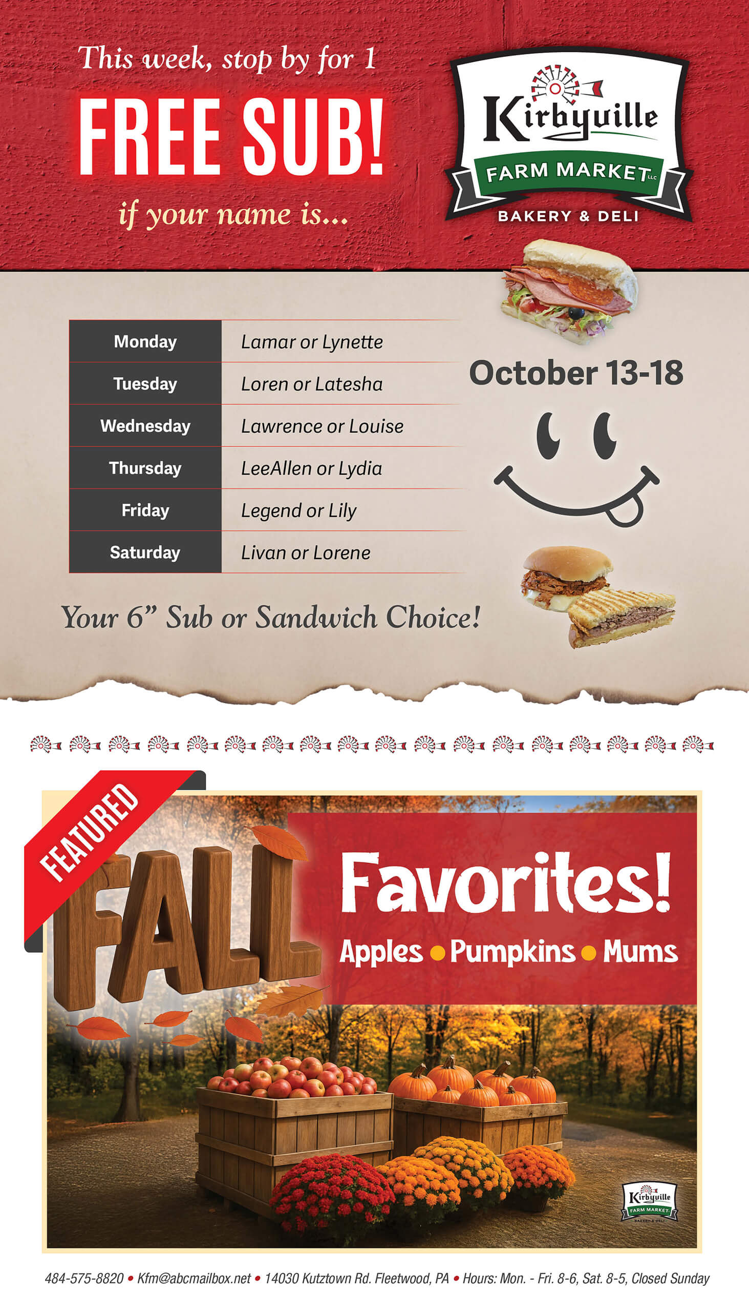 Promotional flyer for Kirbyville Farm Market offering a free sub to selected names by day, plus featured fall favorites: apples, pumpkins, and mums displayed in a farm setting.
