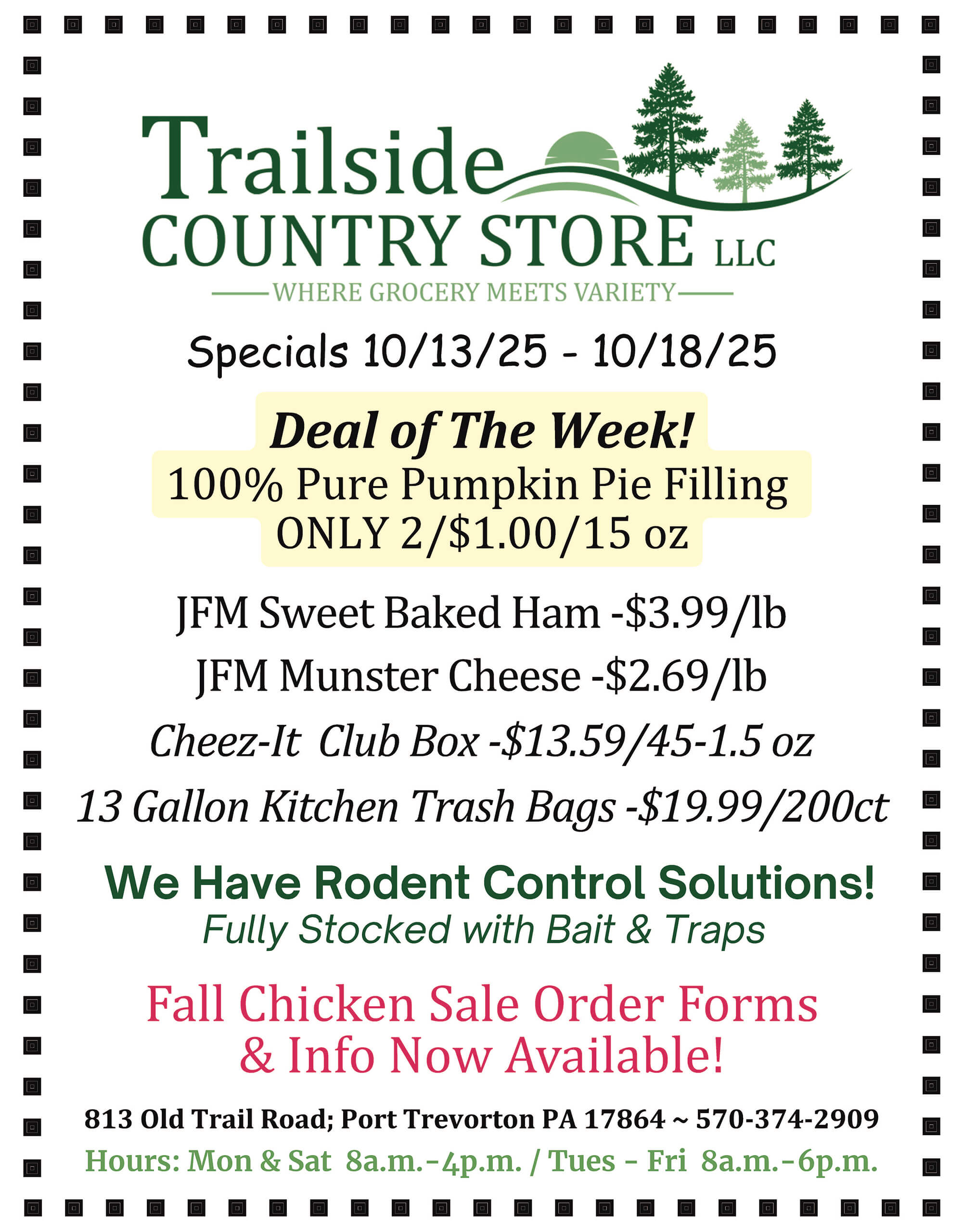 Trailside Country Store flyer listing weekly grocery specials, cheese and ham prices, club box deal, rodent control solutions, and fall chicken sale information, dated 10/13/25 to 10/18/25.
