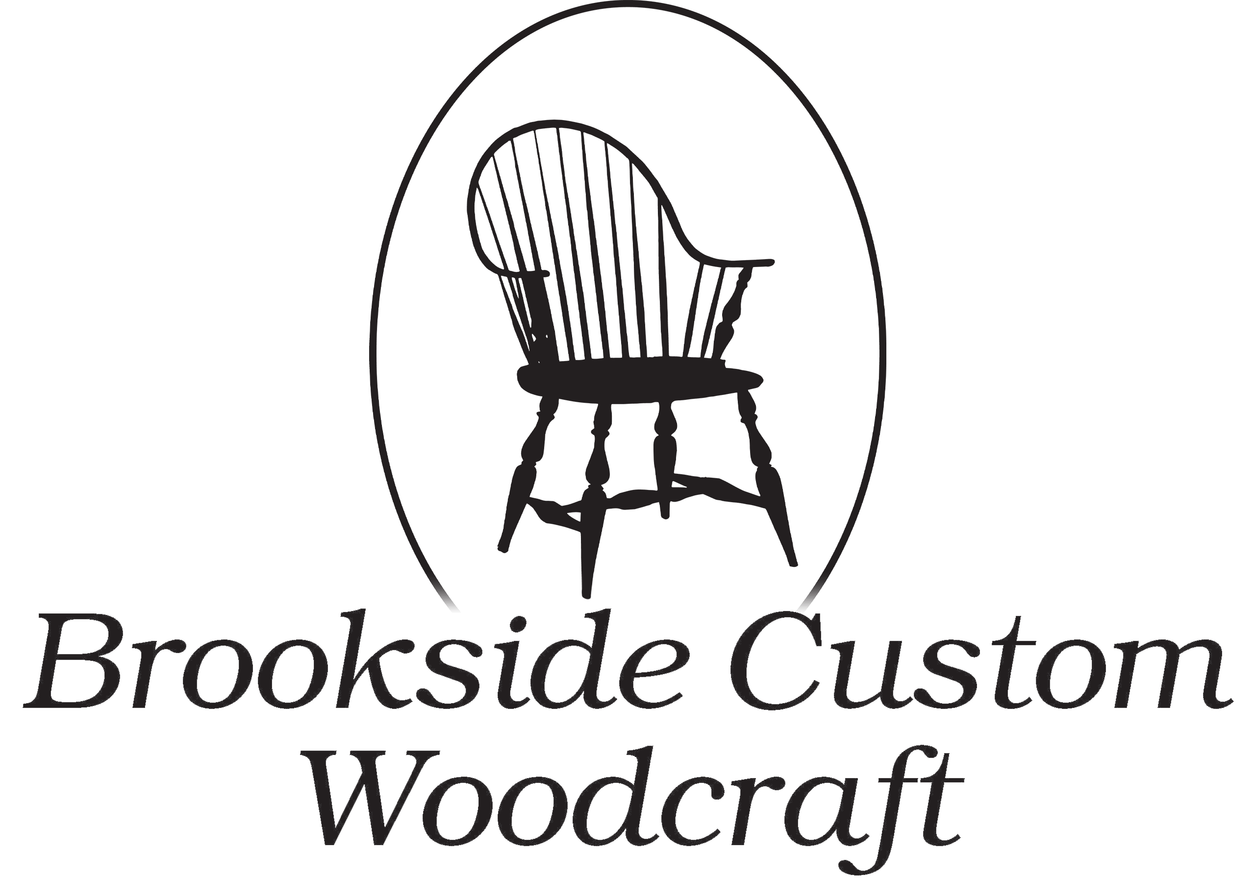 10.14.25 Brookside Custom Woodcrat Logo 2 Logo for Brookside Custom Woodcraft featuring a black silhouette of a wooden chair inside an oval, with the business name written underneath in serif font.