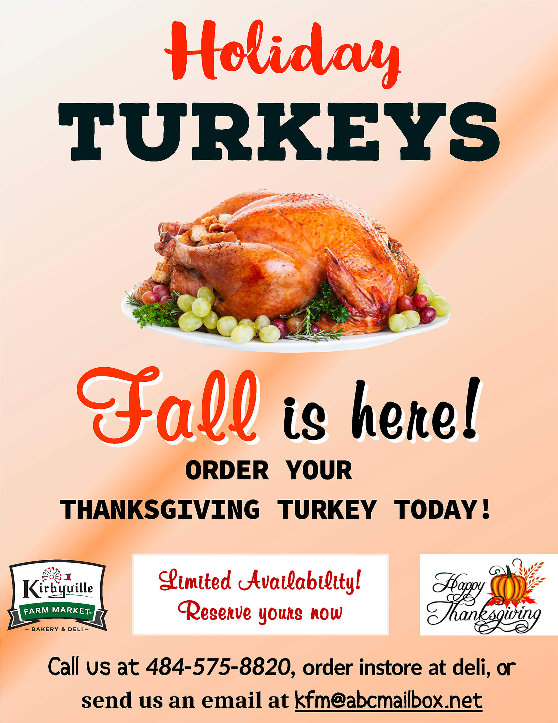 A roasted turkey on a platter is featured in an advertisement for ordering Thanksgiving turkeys from Kirbyville Farm Market, with contact information provided.