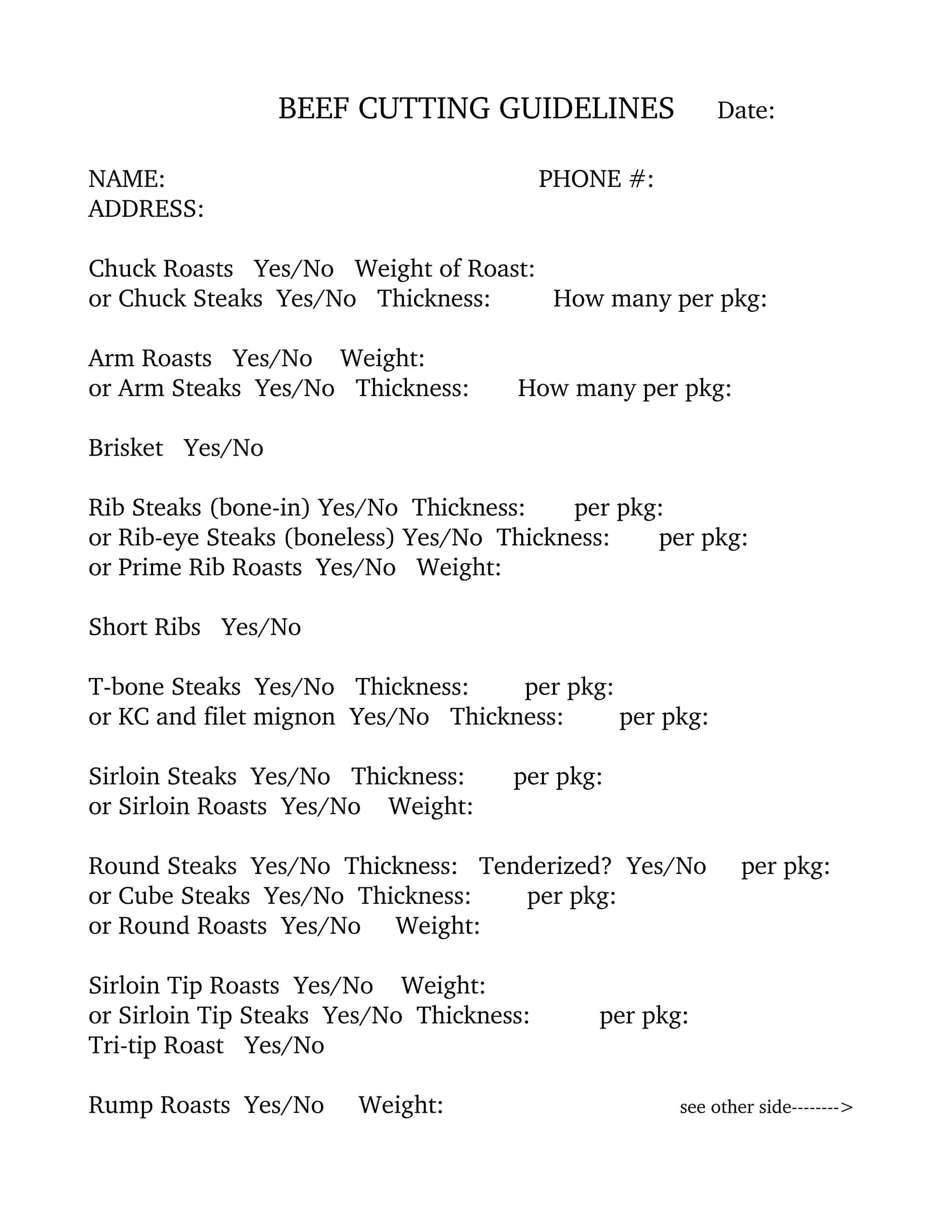 A black-and-white beef cutting order form listing various beef cuts, checkboxes for selection, spaces for thickness, package count, weight, name, address, and phone number.