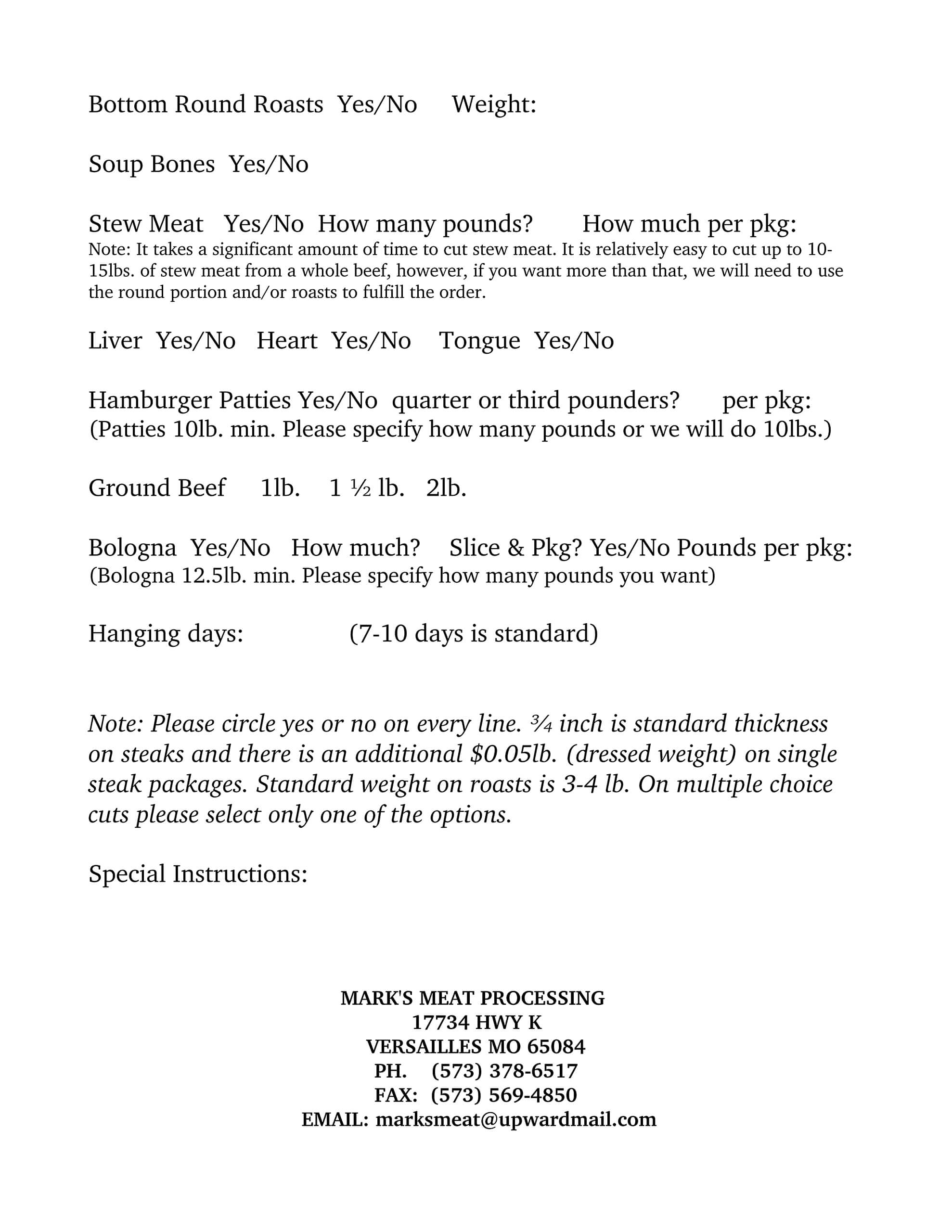 A meat processing order form listing various meat cuts and options, with contact information for Mark's Meat Processing at the bottom.