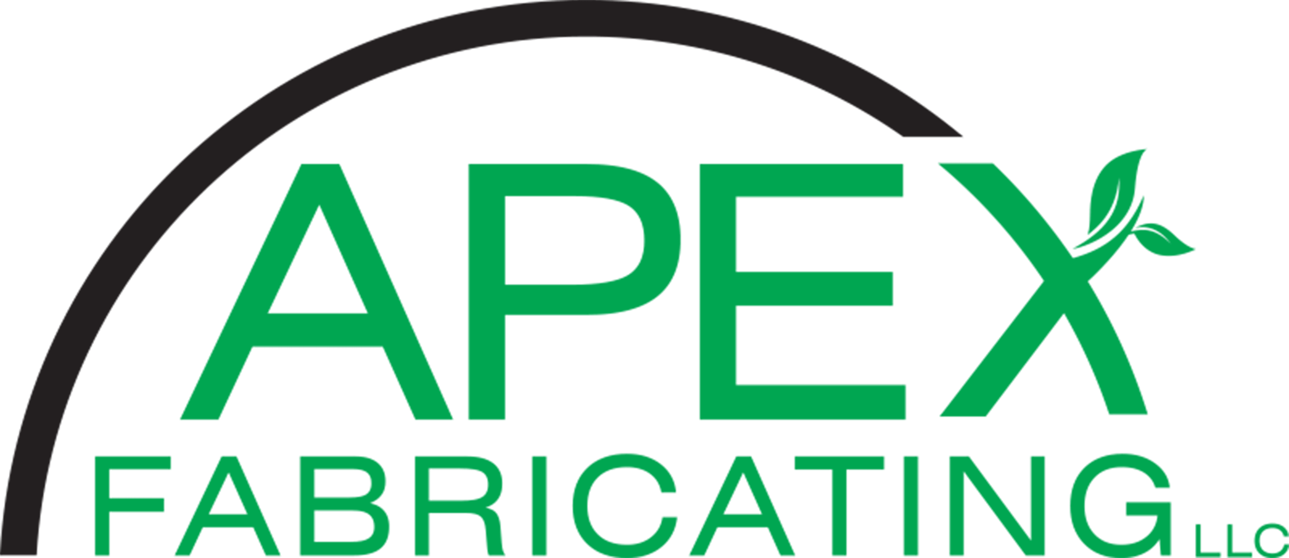APEX FABRICATING LLC logo with a black arch above “APEX” in green letters; the X has green leaves on its top right.