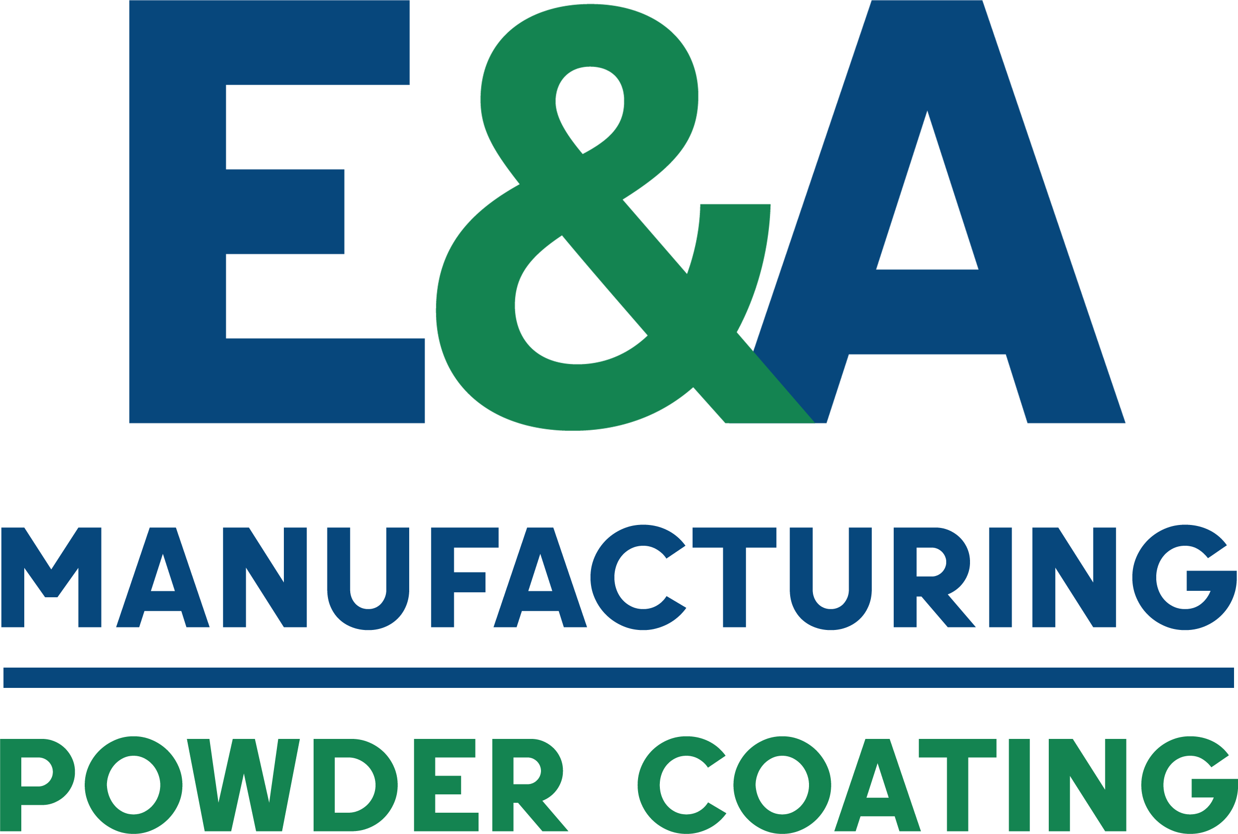 Logo for E&A Manufacturing Powder Coating, featuring bold blue and green text with "MANUFACTURING" and "POWDER COATING" separated by a blue line.