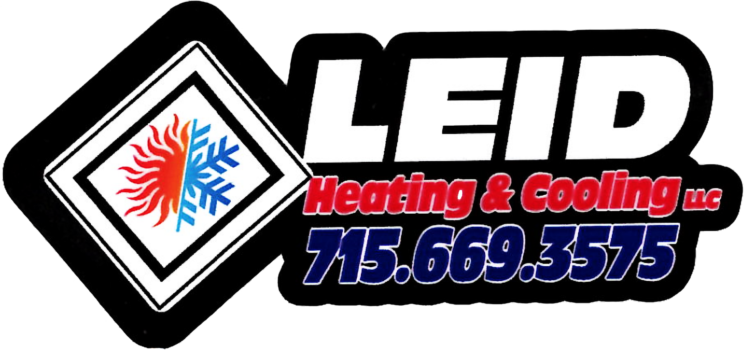 Logo for LEID Heating & Cooling LLC, featuring a red flame and blue snowflake, with the phone number 715-669-3575 displayed.